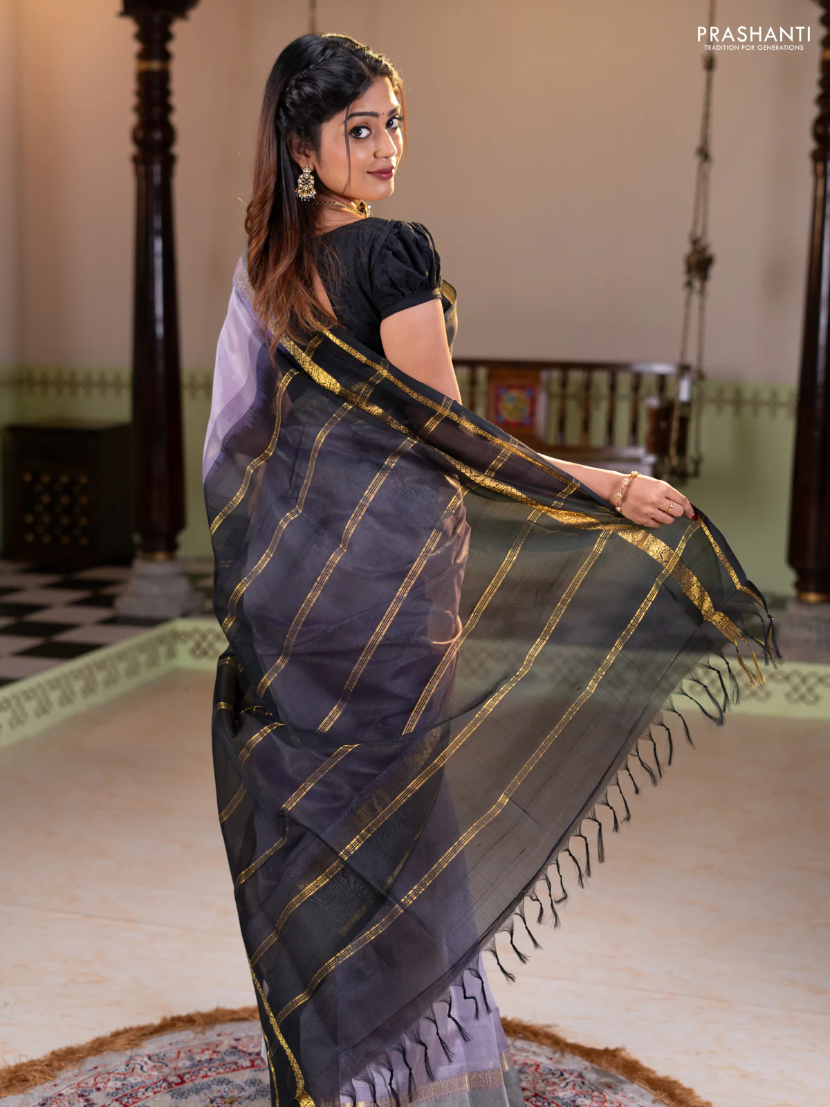 Silk cotton saree bluish grey and navy blue with plain body and zari woven border - Image 4
