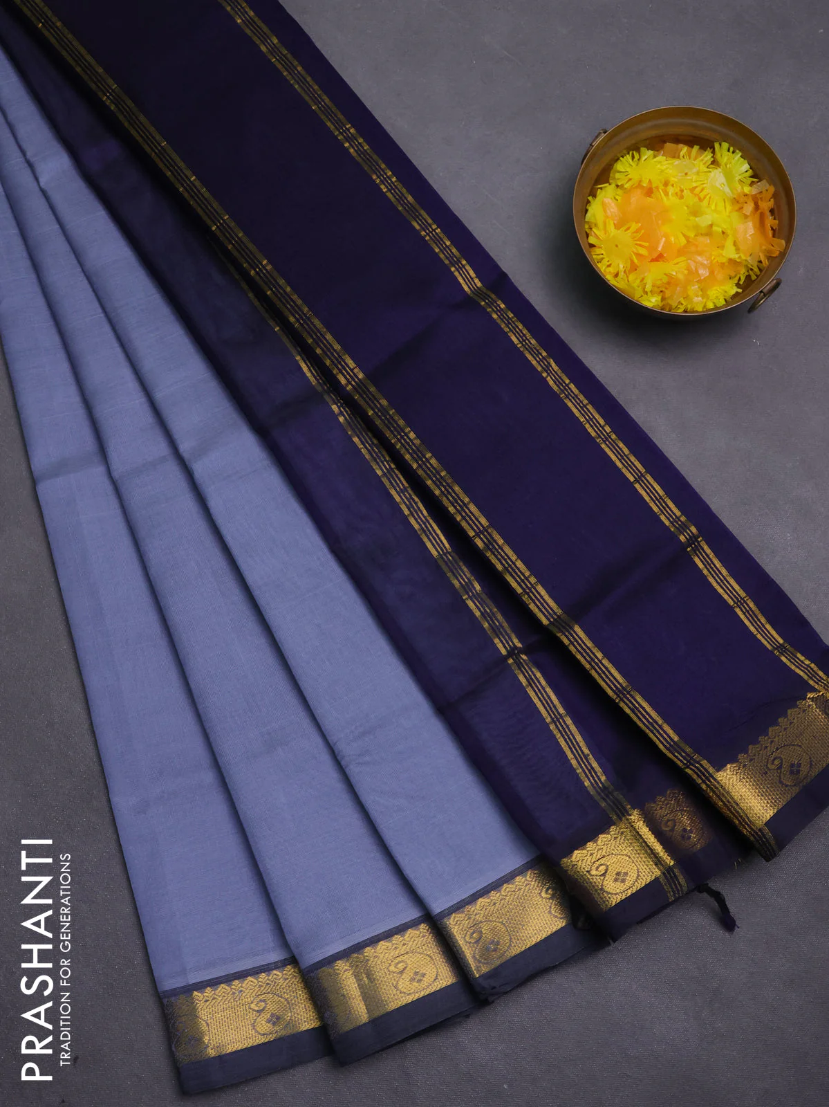 Silk cotton saree bluish grey and navy blue with plain body and zari woven border - Image 5