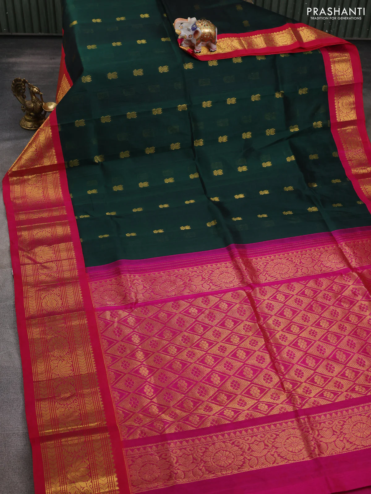 Silk cotton saree bottle green and pink with zari woven buttas and long zari woven korvai border - Image 2