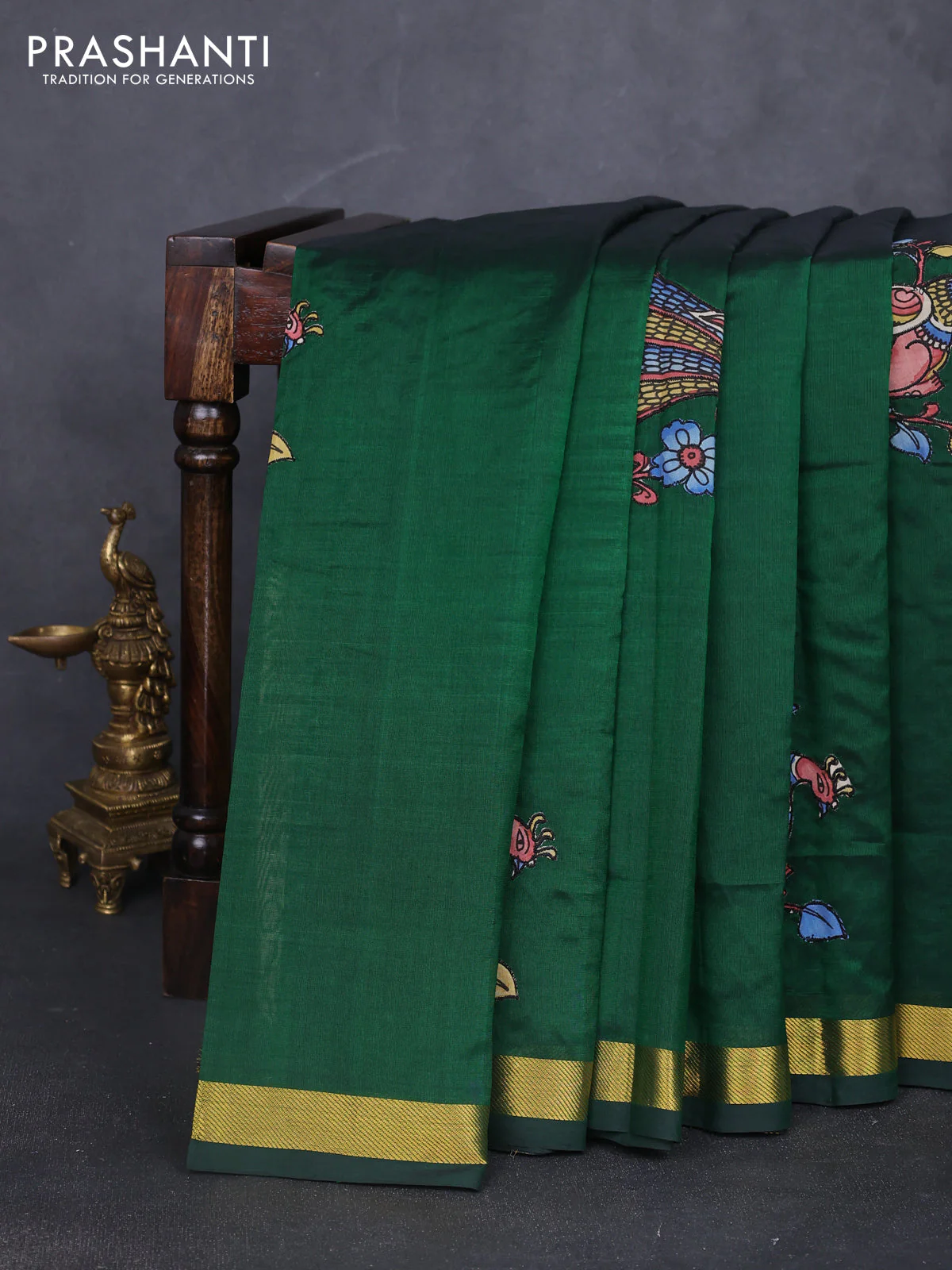 Silk cotton saree bottle green with kalamkari applique work and zari woven border