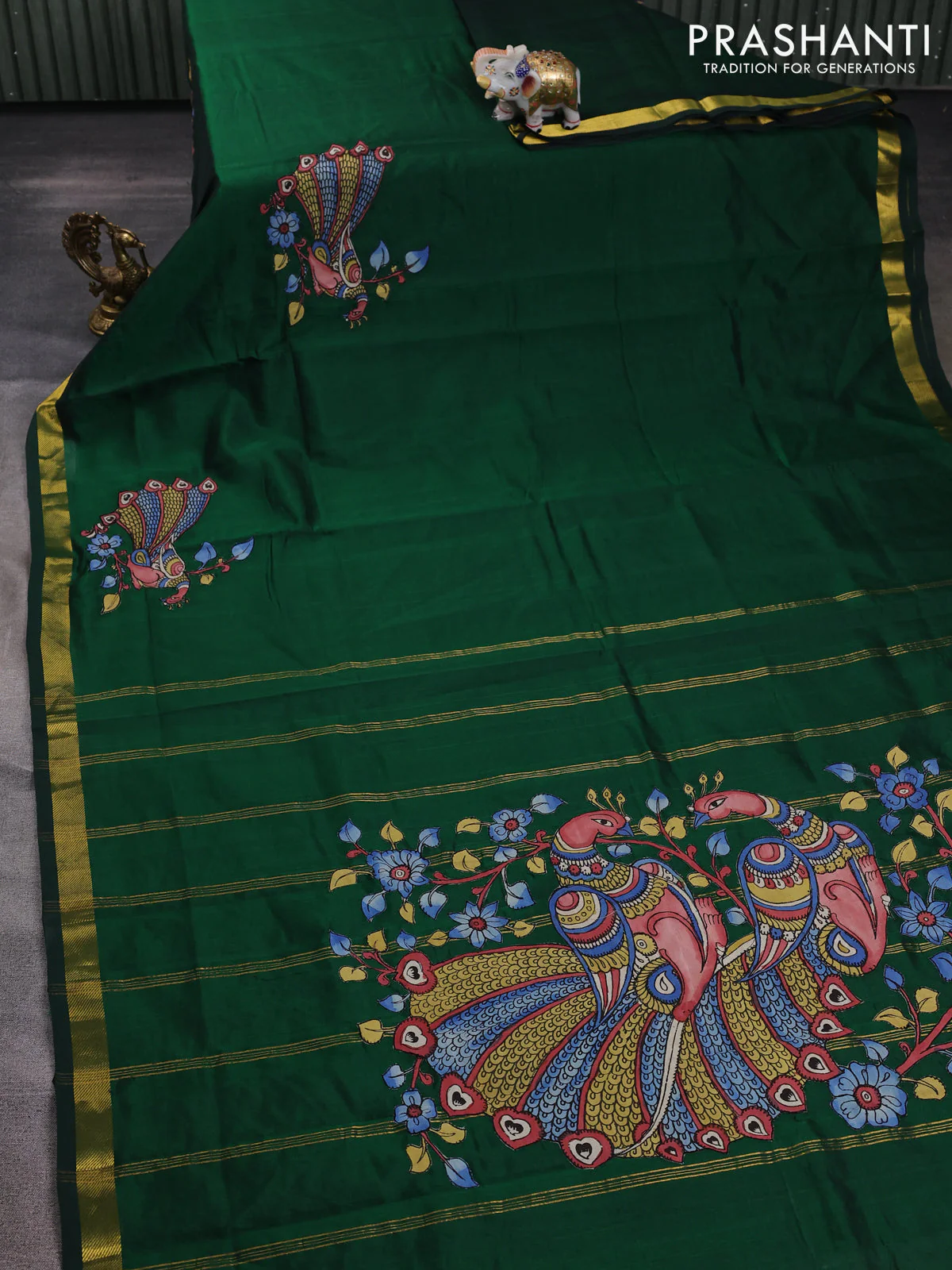Silk cotton saree bottle green with kalamkari applique work and zari woven border - Image 2