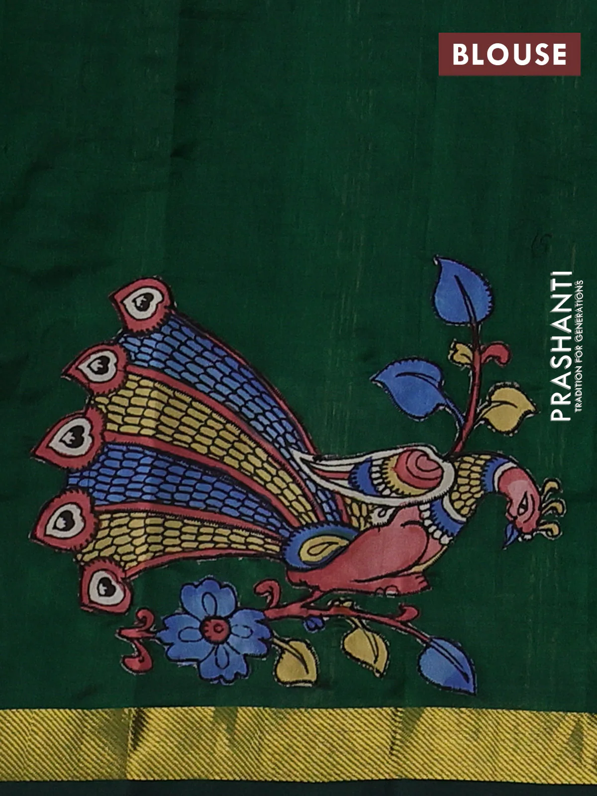 Silk cotton saree bottle green with kalamkari applique work and zari woven border - Image 3