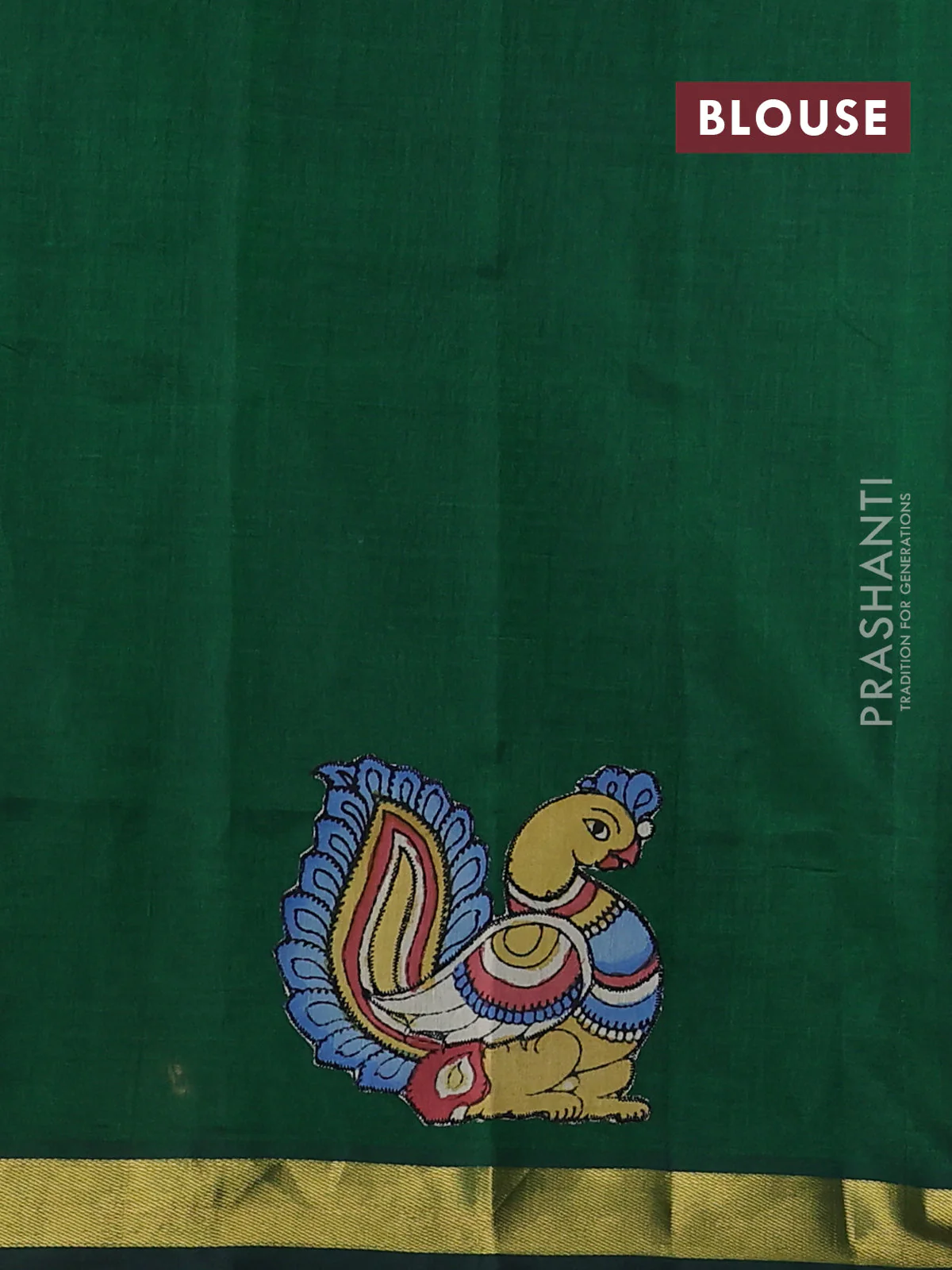 Silk cotton saree bottle green with kalamkari applique work and zari woven border - Image 3
