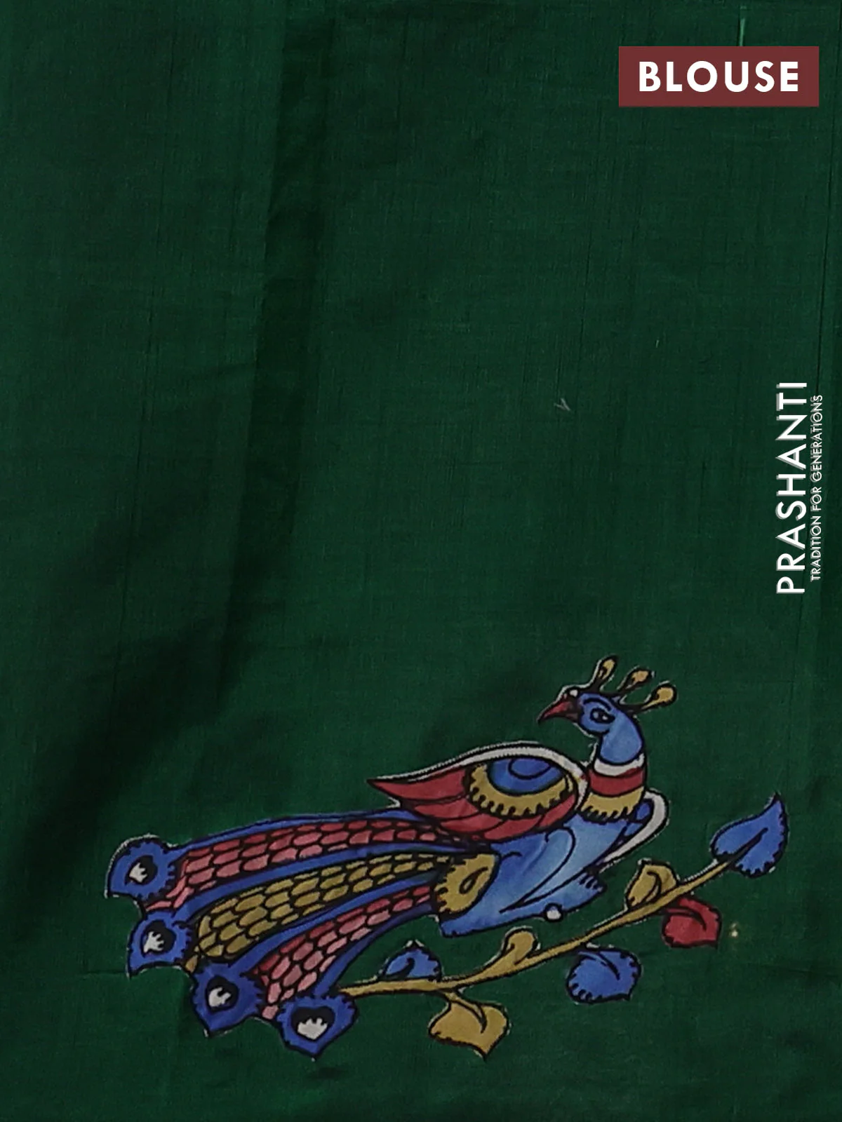 Silk cotton saree bottle green with kalamkari applique work in borderless style - Image 3