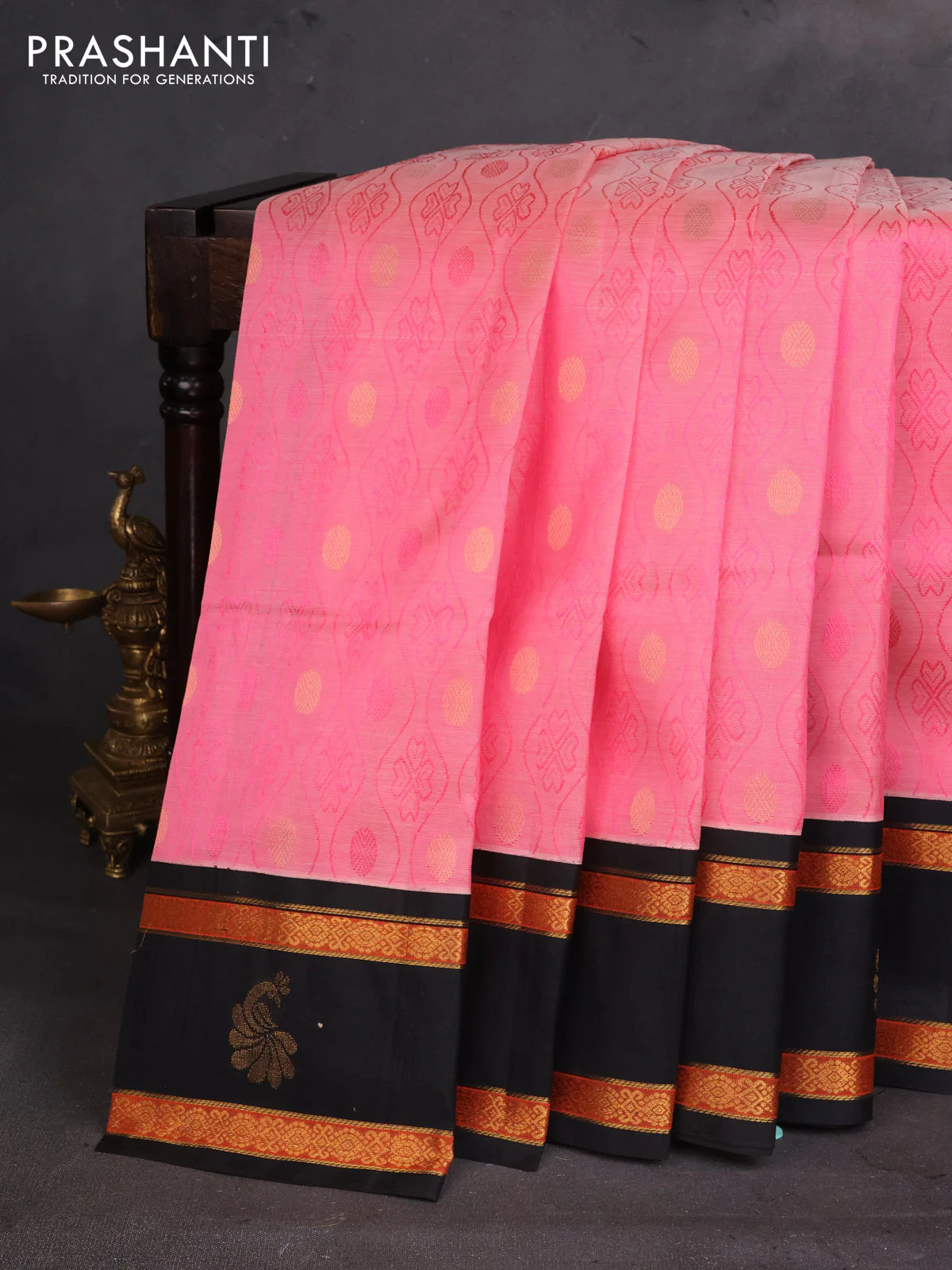 Silk cotton saree candy pink and black with allover self emboss & zari buttas and rettapet zari woven korvai border