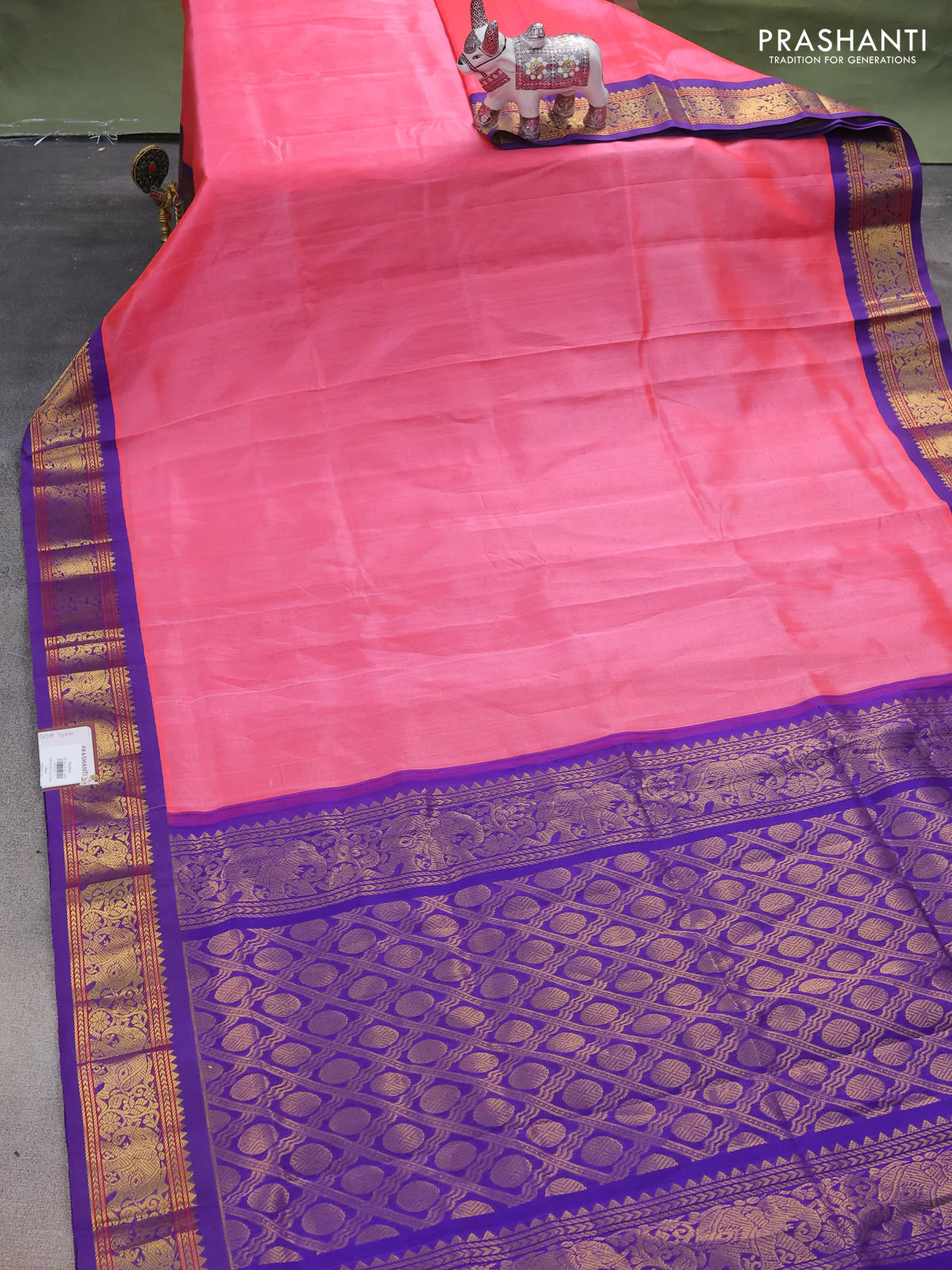 Silk cotton saree candy pink and blue with plain body and elephant zari woven korvai border - Image 2