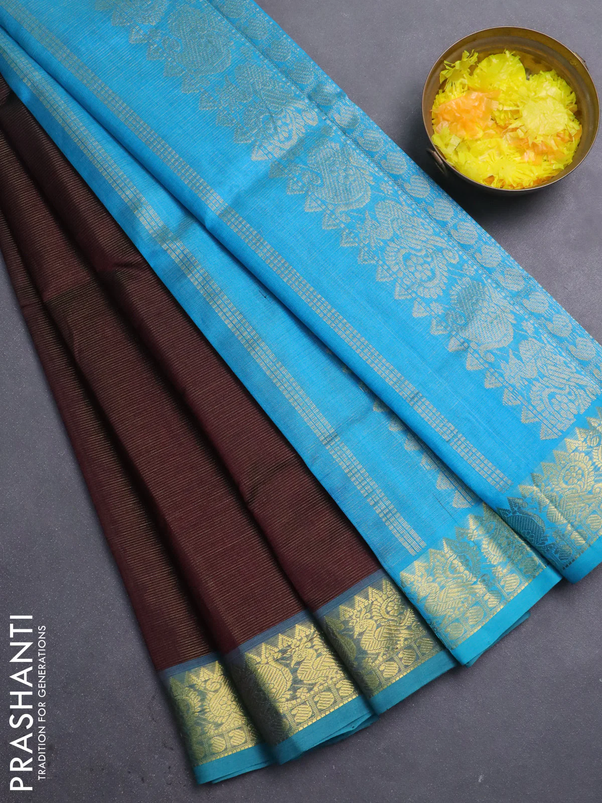 Silk cotton saree coffee brown and cs blue with allover vairosi pattern and annam zari woven border