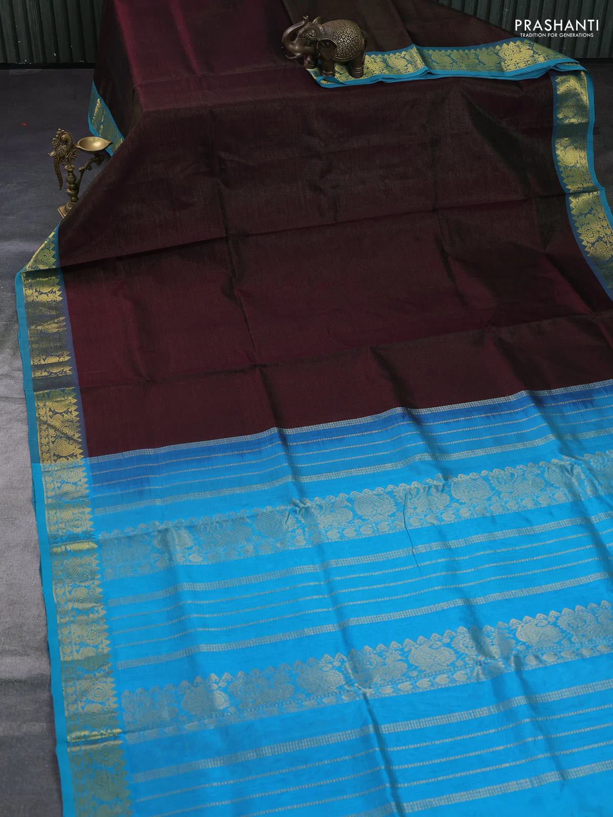 Silk cotton saree coffee brown and cs blue with allover vairosi pattern and annam zari woven border - Image 2