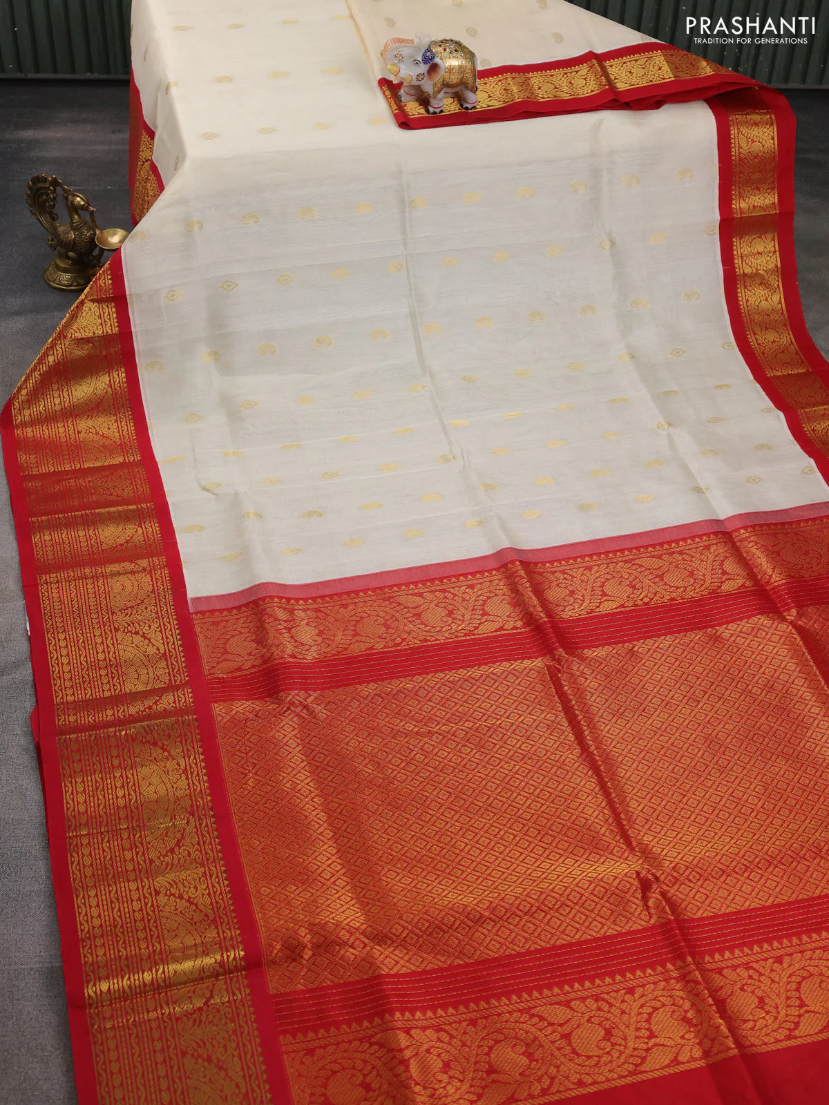 Silk cotton saree cream and red with zari woven buttas and long zari woven korvai border - Image 2