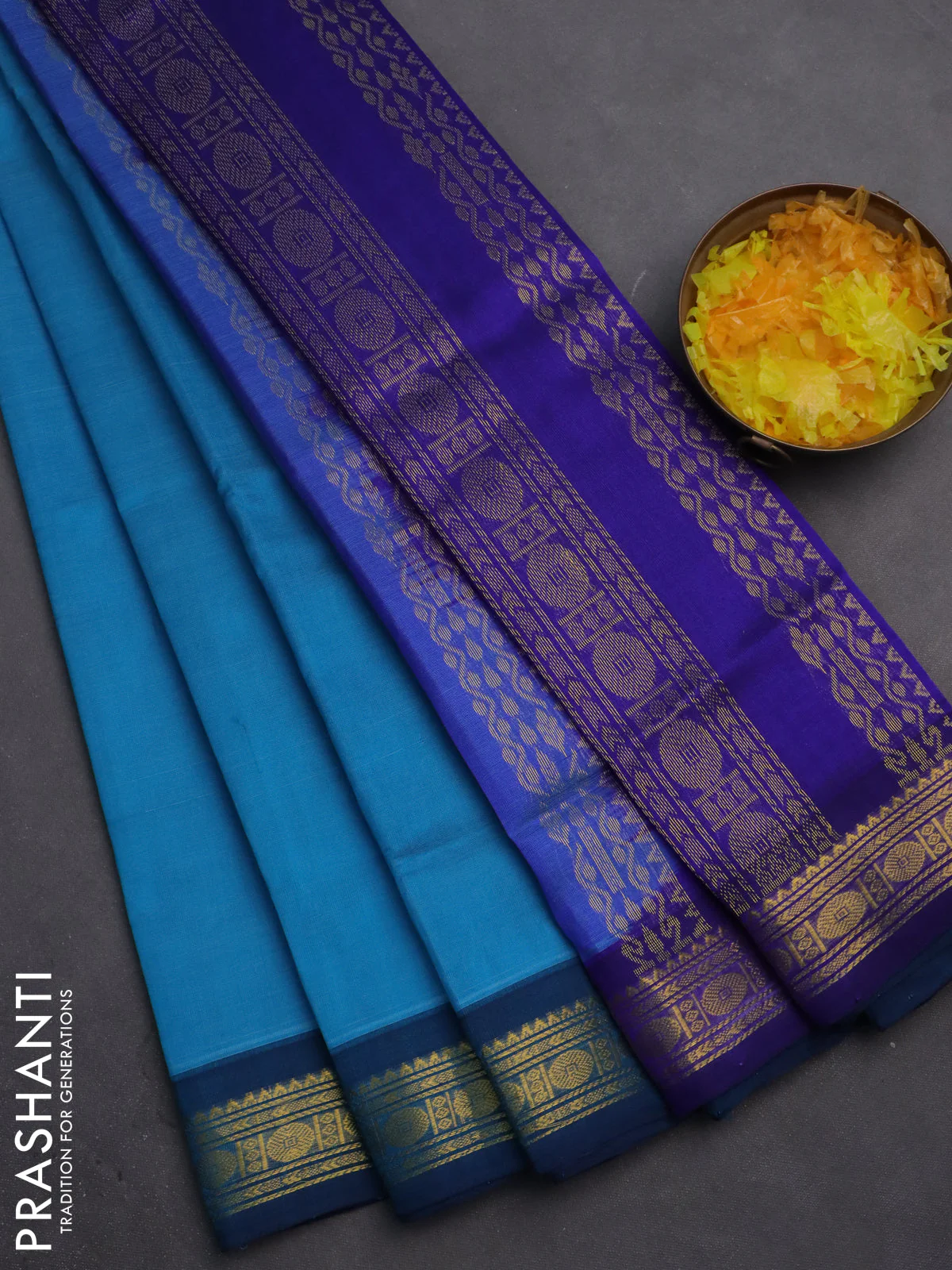 Silk cotton saree cs blue and blue with plain body and zari woven border