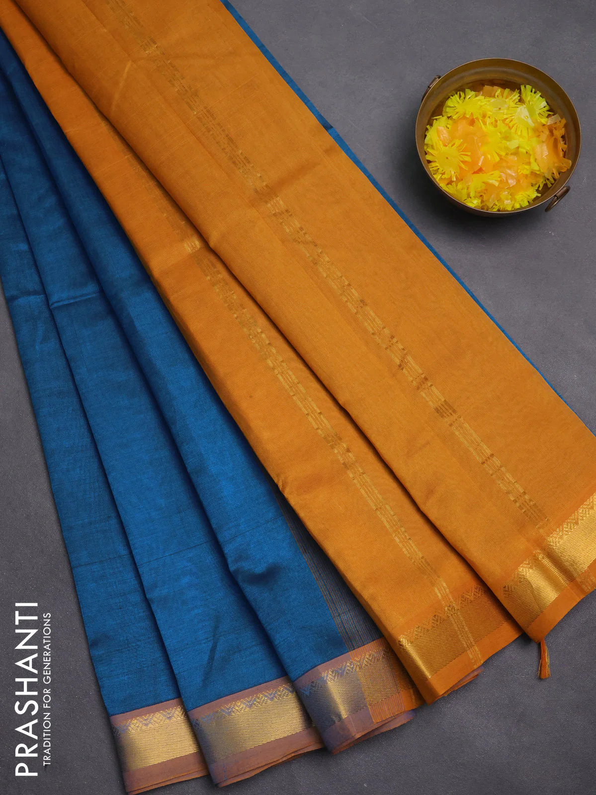 Silk cotton saree cs blue and dark mustard with plain body and zari woven border