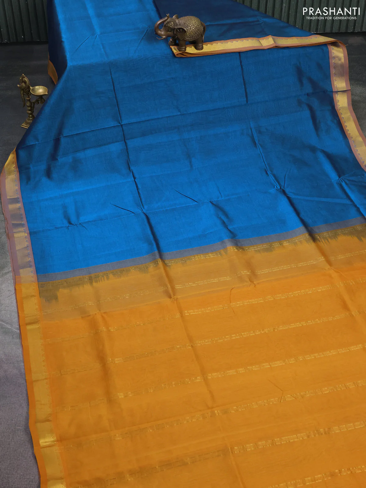 Silk cotton saree cs blue and dark mustard with plain body and zari woven border - Image 2