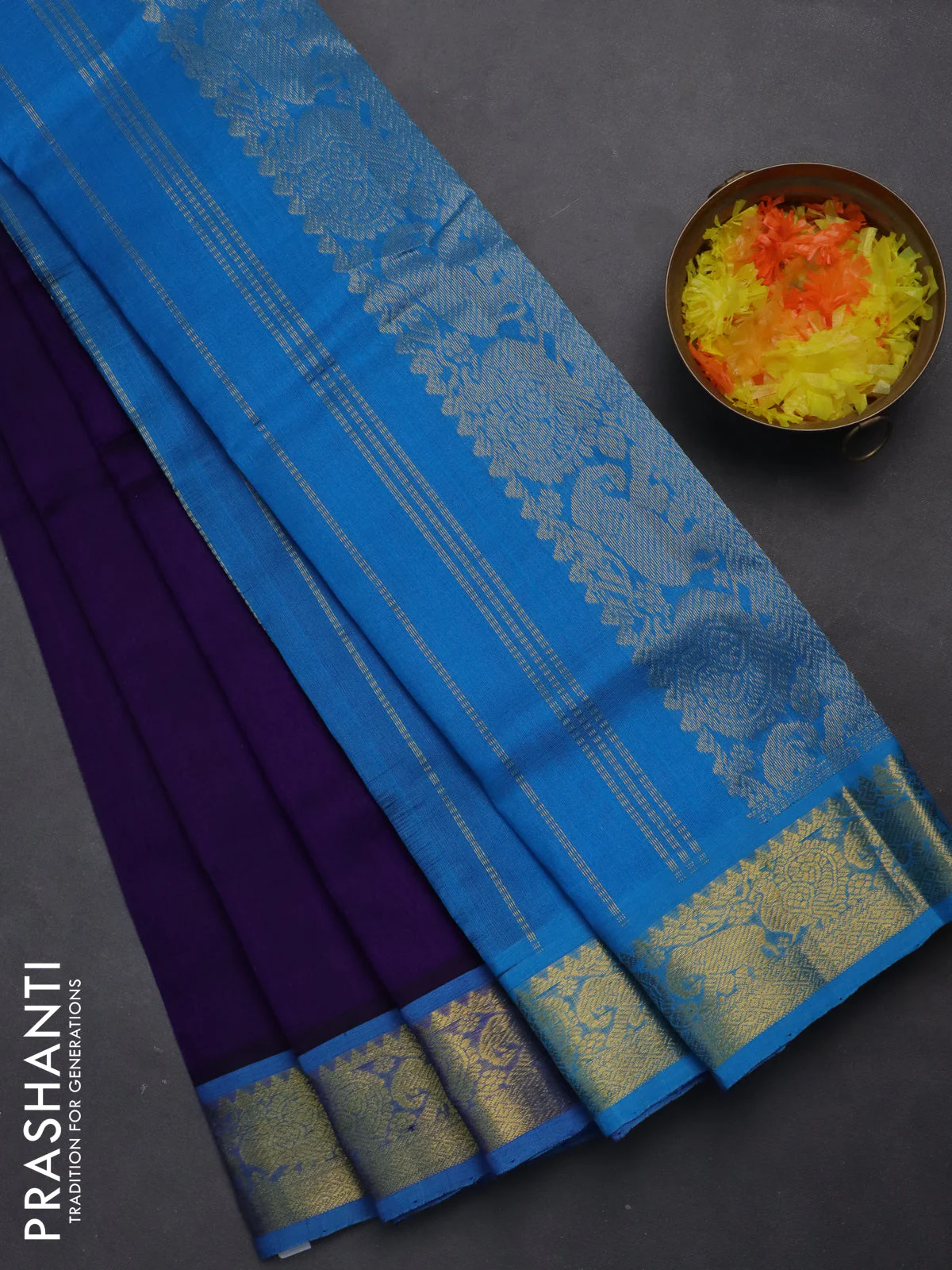 Silk cotton saree dark blue and cs blue with plain body and zari woven border