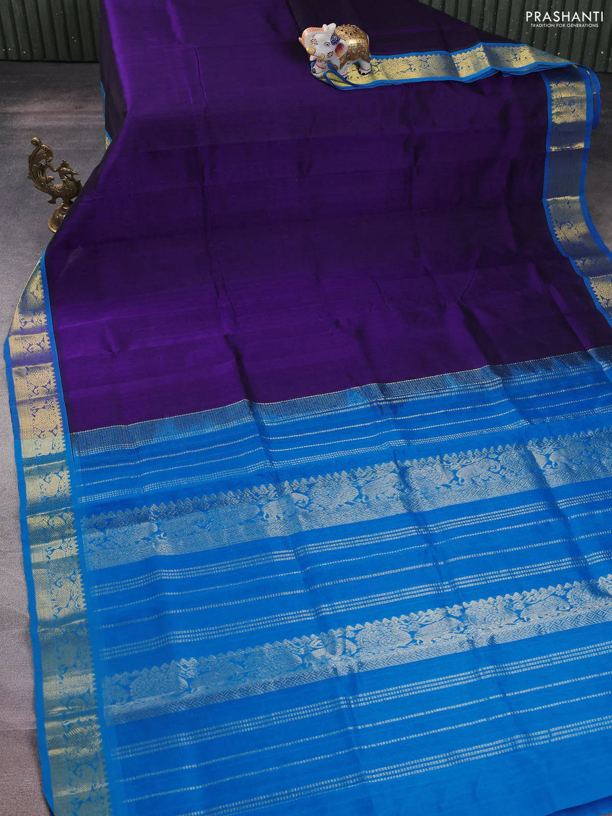 Silk cotton saree dark blue and cs blue with plain body and zari woven border - Image 2