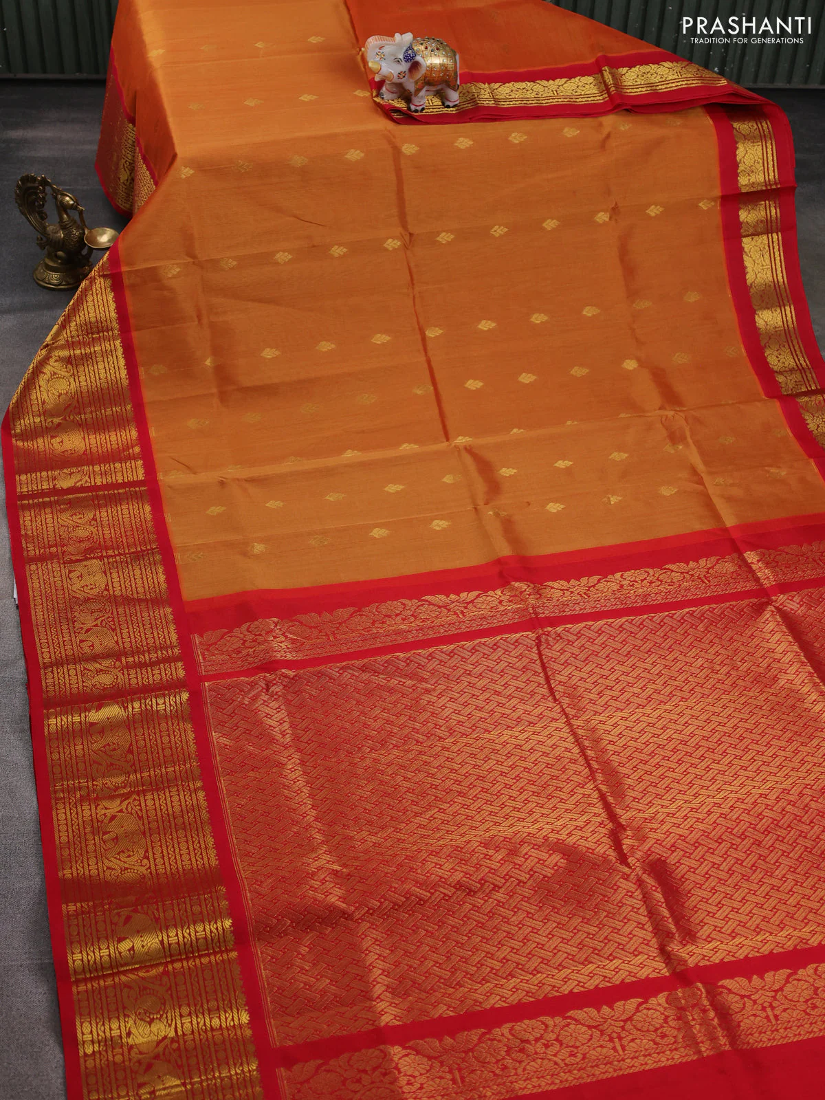 Silk cotton saree dark mustard and red with zari woven buttas and long zari woven korvai border - Image 2