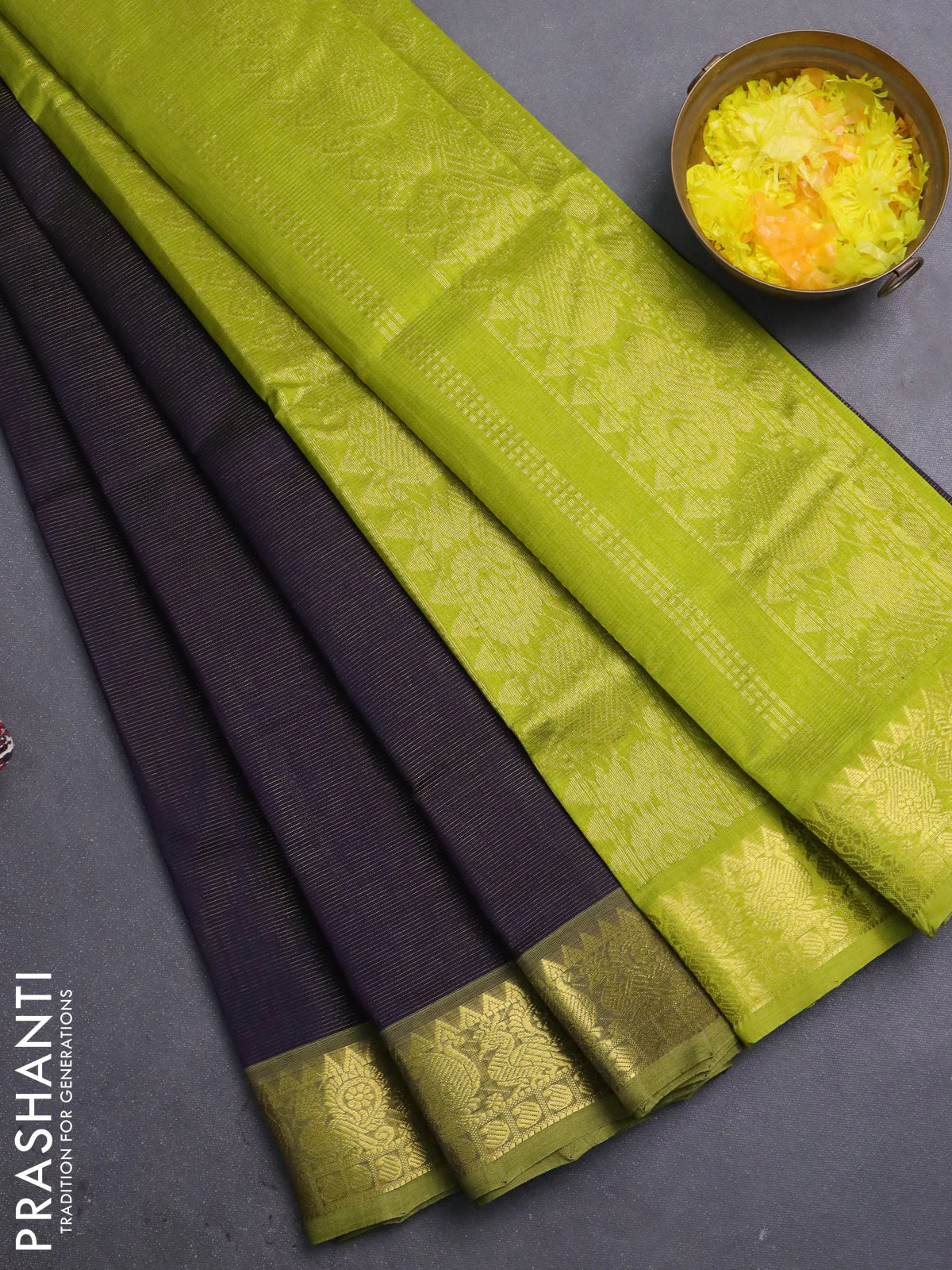 Silk cotton saree deep jamun and lime green with allover vairosi pattern and annam zari woven border