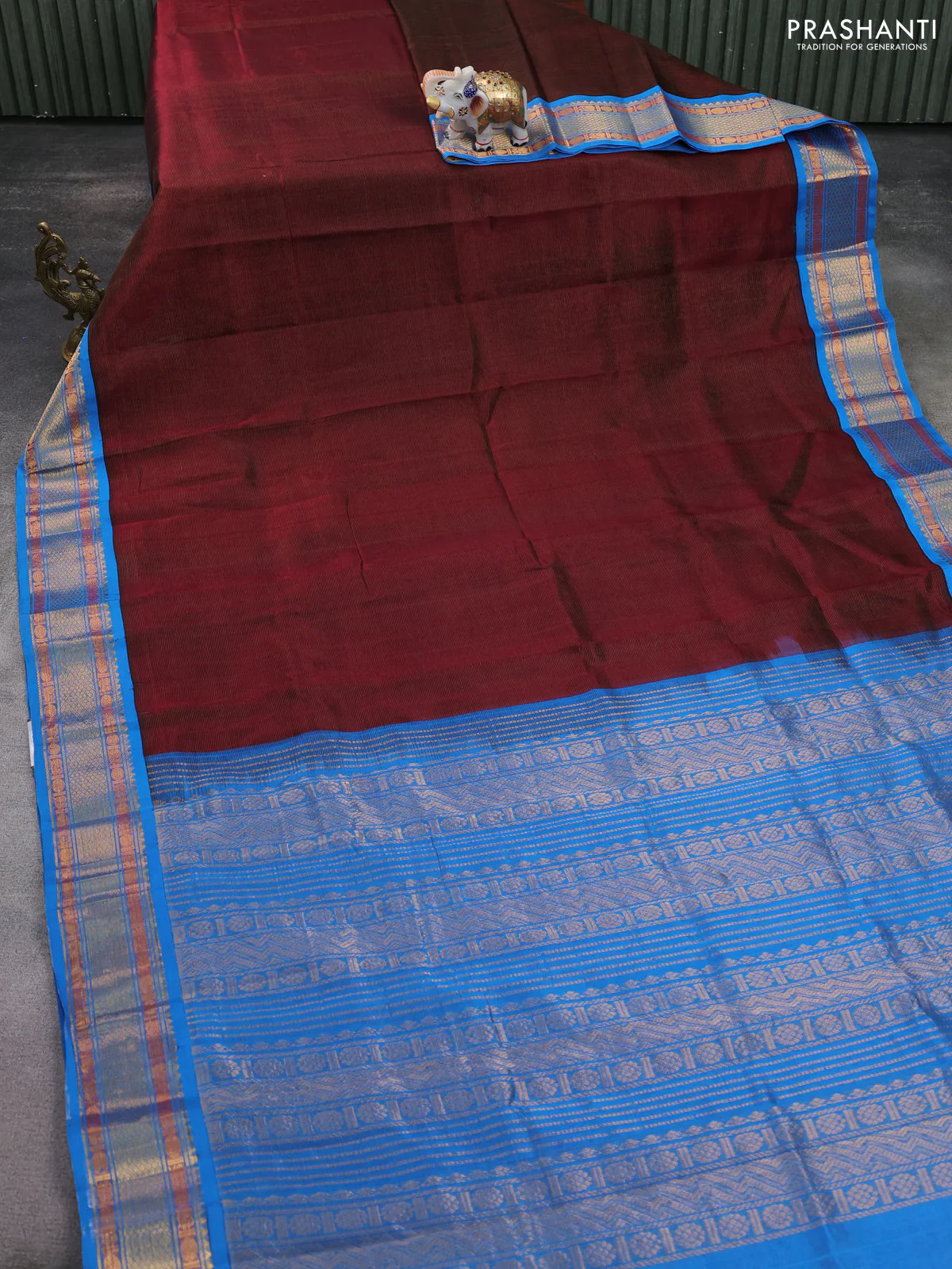 Silk cotton saree deep maroon and cs blue with allover vairaosi pattern and zari woven korvai border - Image 2