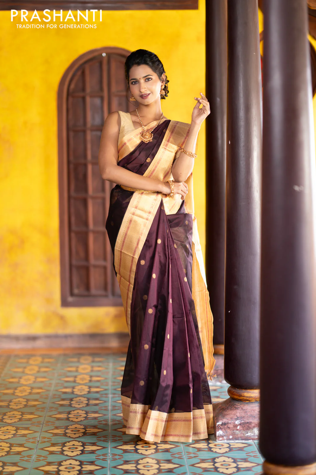 Silk cotton saree deep maroon and sandal with rudhraksha zari woven buttas and zari woven korvai border - Image 2