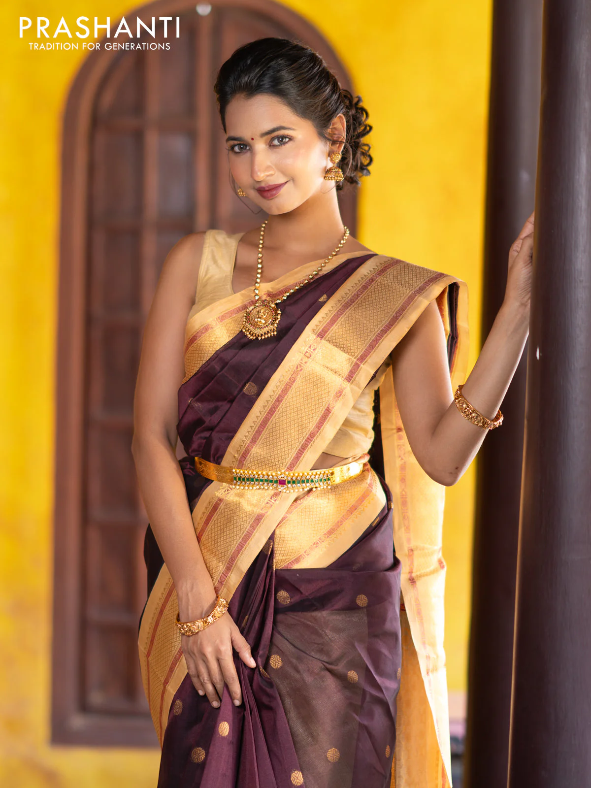 Silk cotton saree deep maroon and sandal with rudhraksha zari woven buttas and zari woven korvai border - Image 3