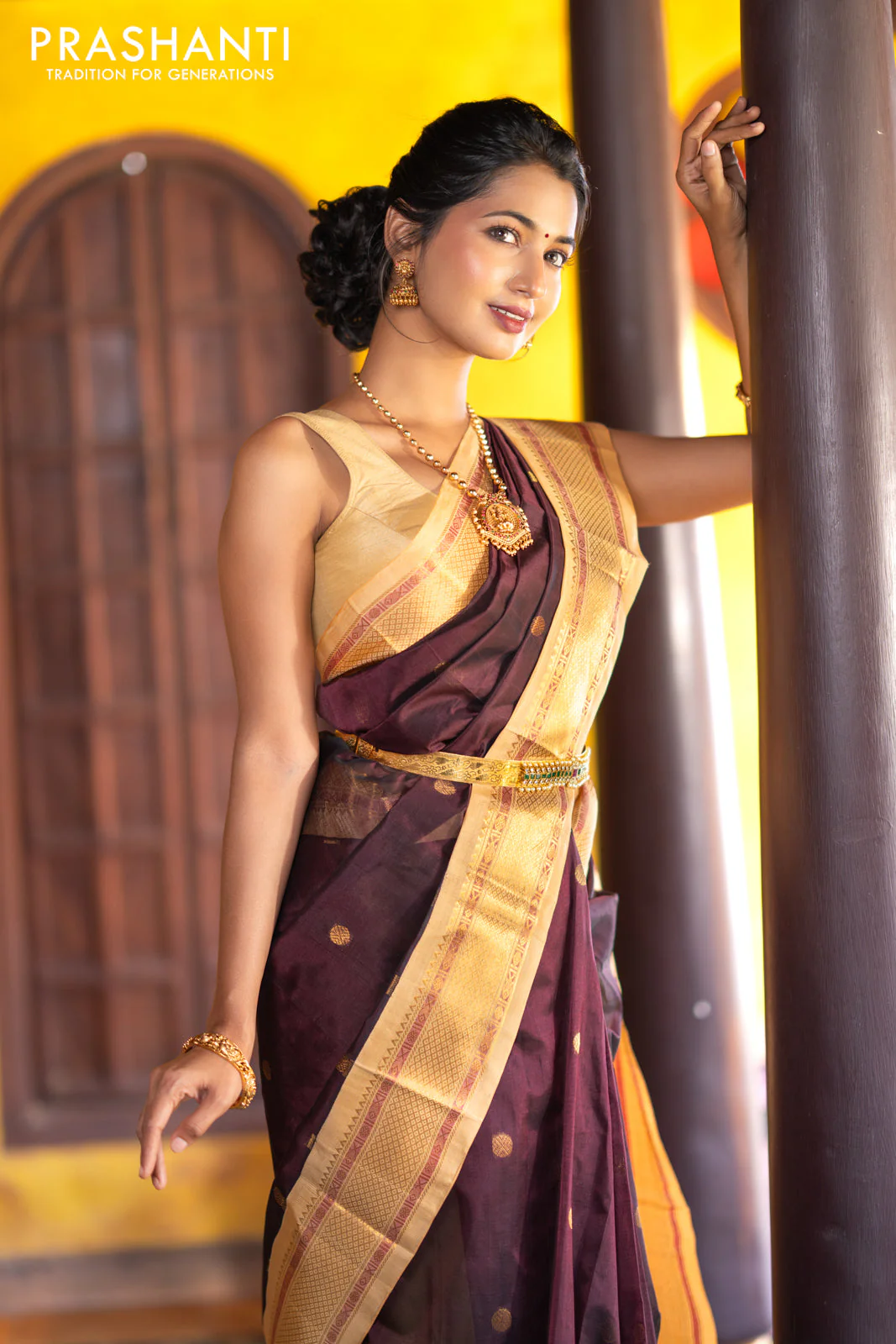 Silk cotton saree deep maroon and sandal with rudhraksha zari woven buttas and zari woven korvai border - Image 4