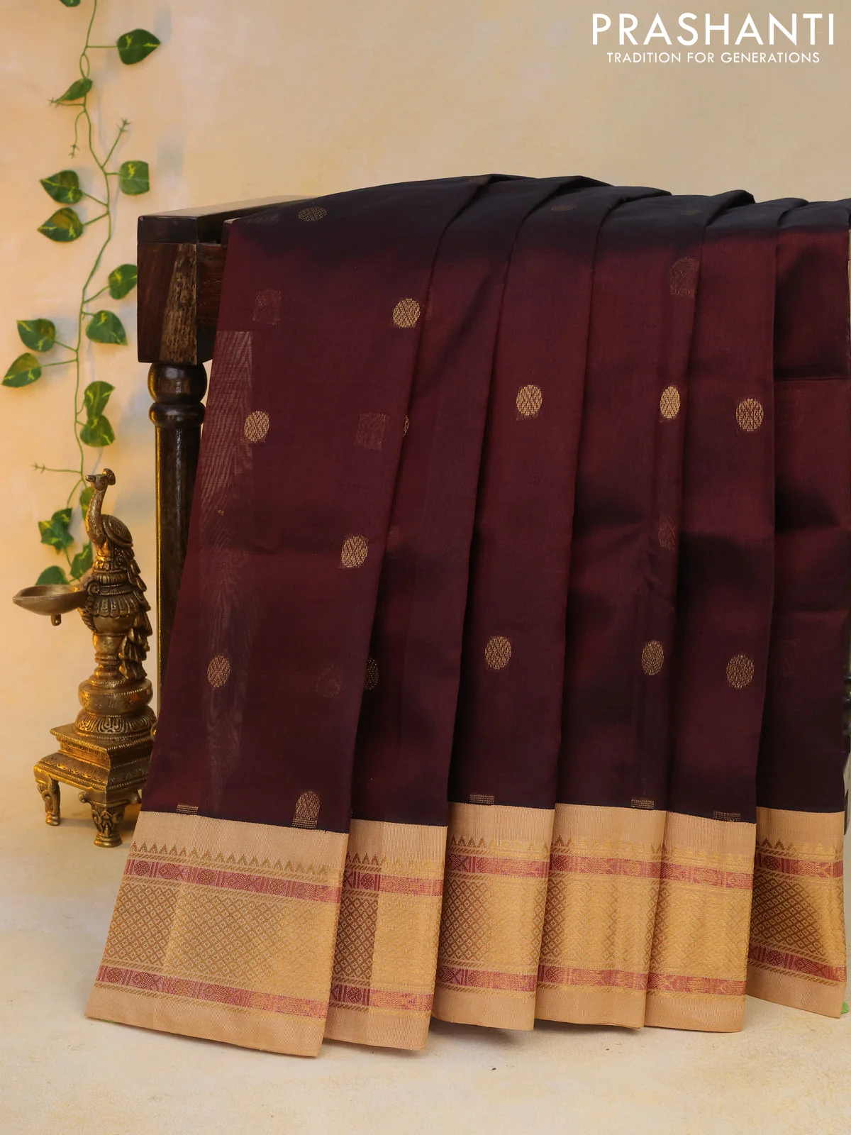 Silk cotton saree deep maroon and sandal with rudhraksha zari woven buttas and zari woven korvai border - Image 5