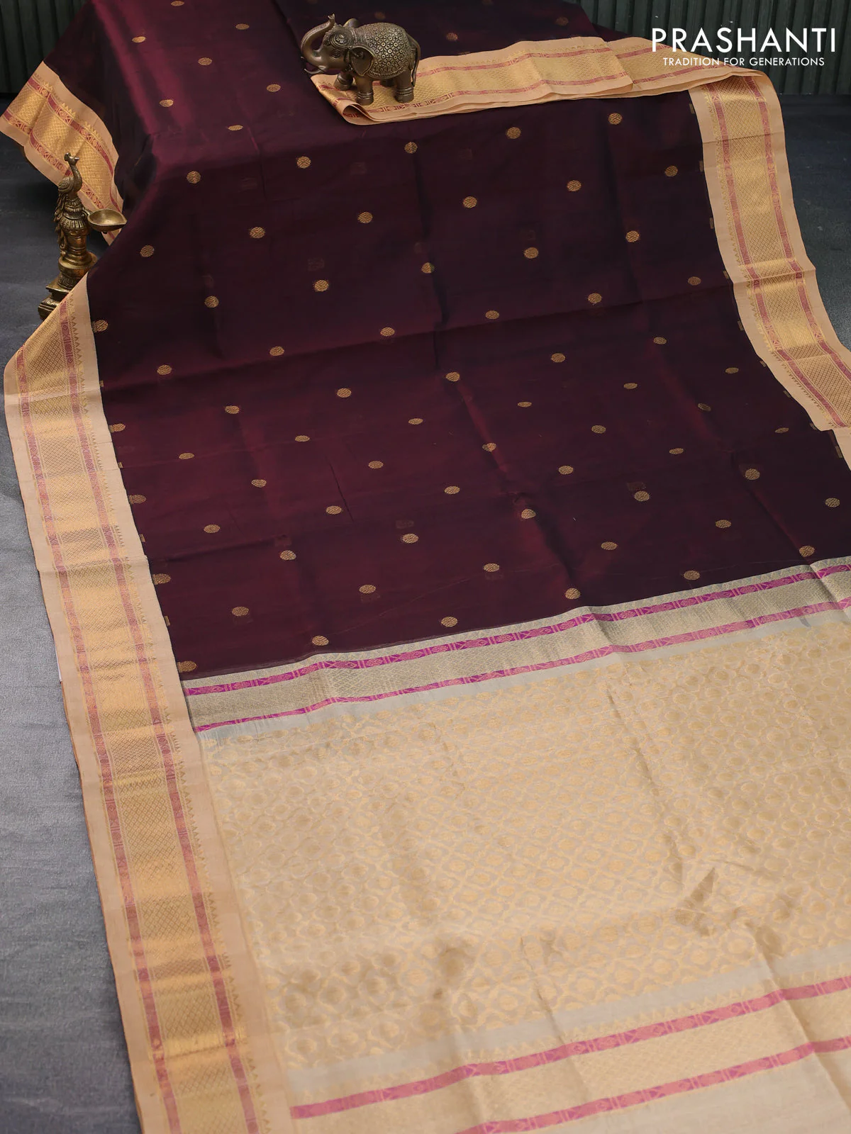 Silk cotton saree deep maroon and sandal with rudhraksha zari woven buttas and zari woven korvai border - Image 6