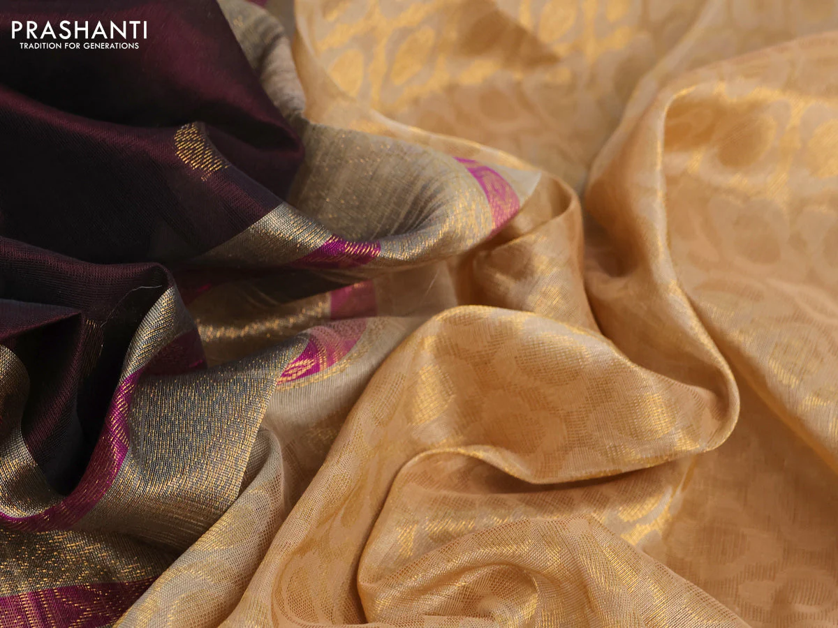 Silk cotton saree deep maroon and sandal with rudhraksha zari woven buttas and zari woven korvai border - Image 7