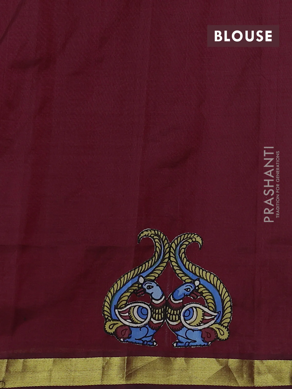Silk cotton saree deep maroon with kalamkari applique work and zari woven border - Image 3