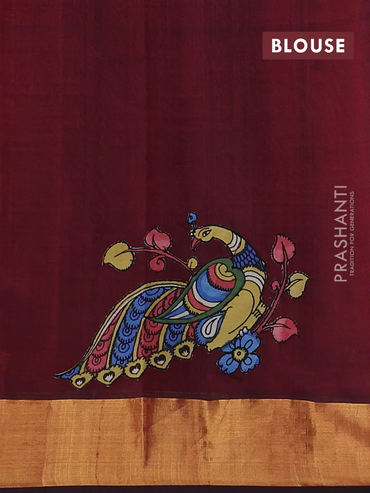 Silk cotton saree deep maroon with kalamkari applique work and zari woven border - Image 3