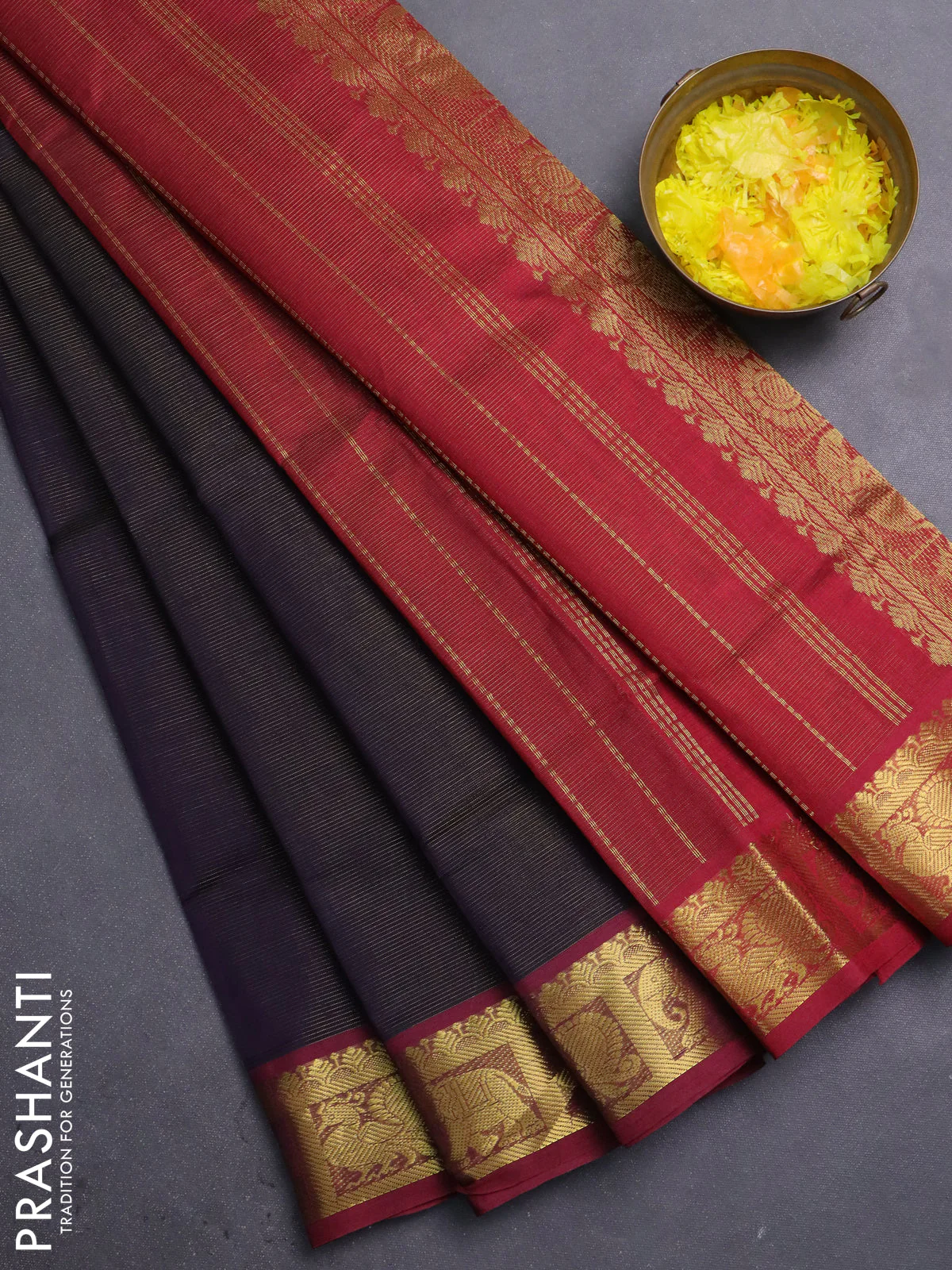 Silk cotton saree deep navy blue and maroon with allover vairosi pattern and zari woven border