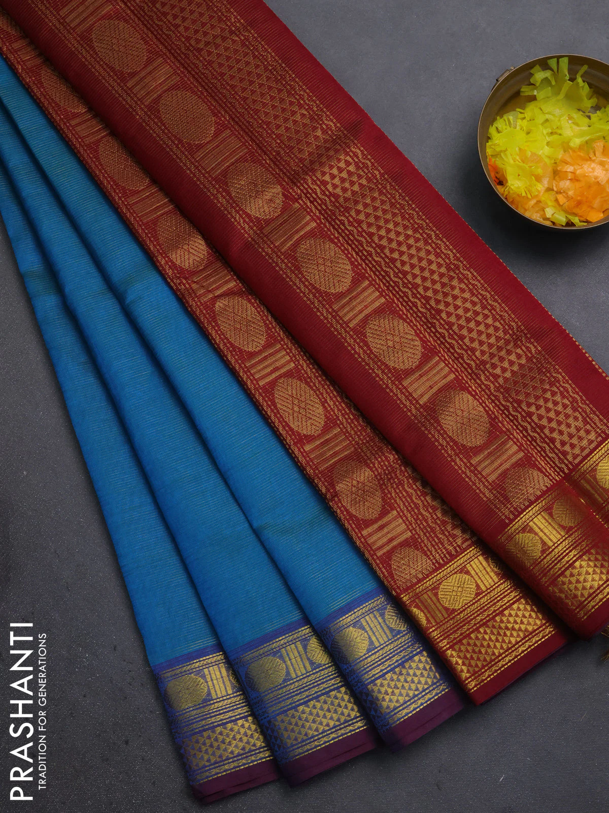 Silk cotton saree dual shade of blue and maroon with allover vairosi pattern and zari woven border