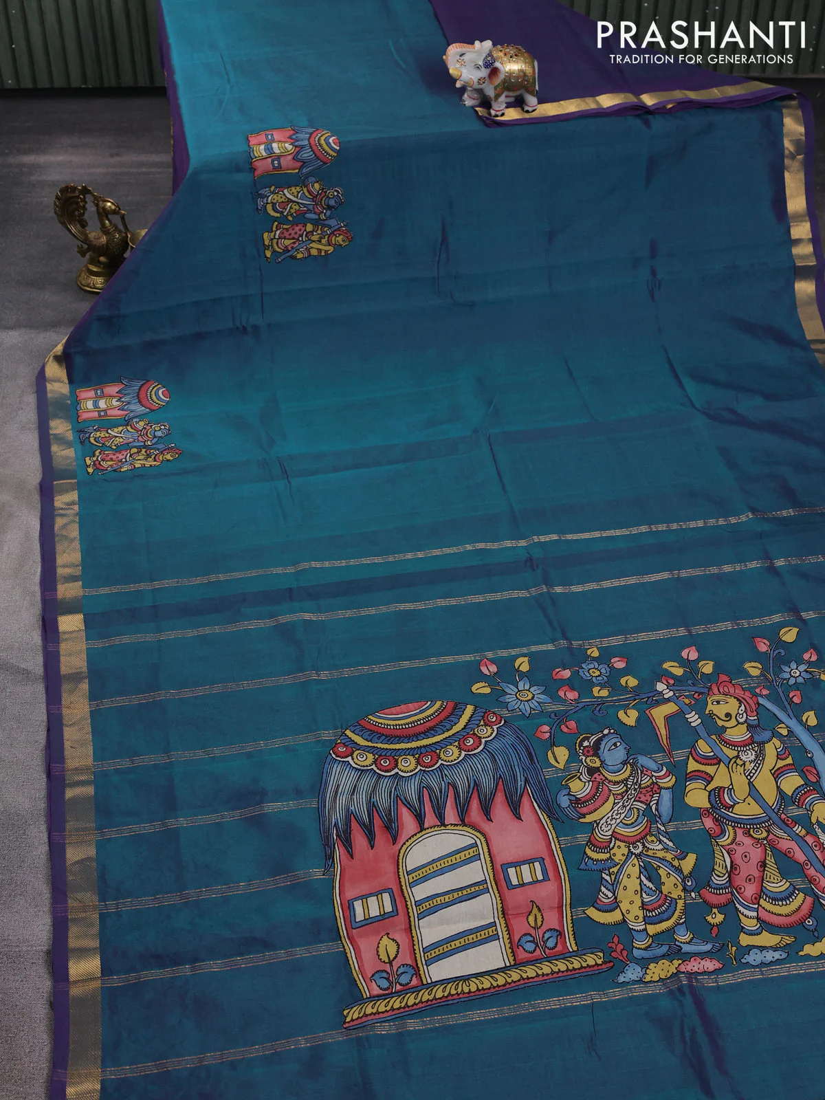 Silk cotton saree dual shade of bluish green with kalamkari applique work and zari woven border - Image 2