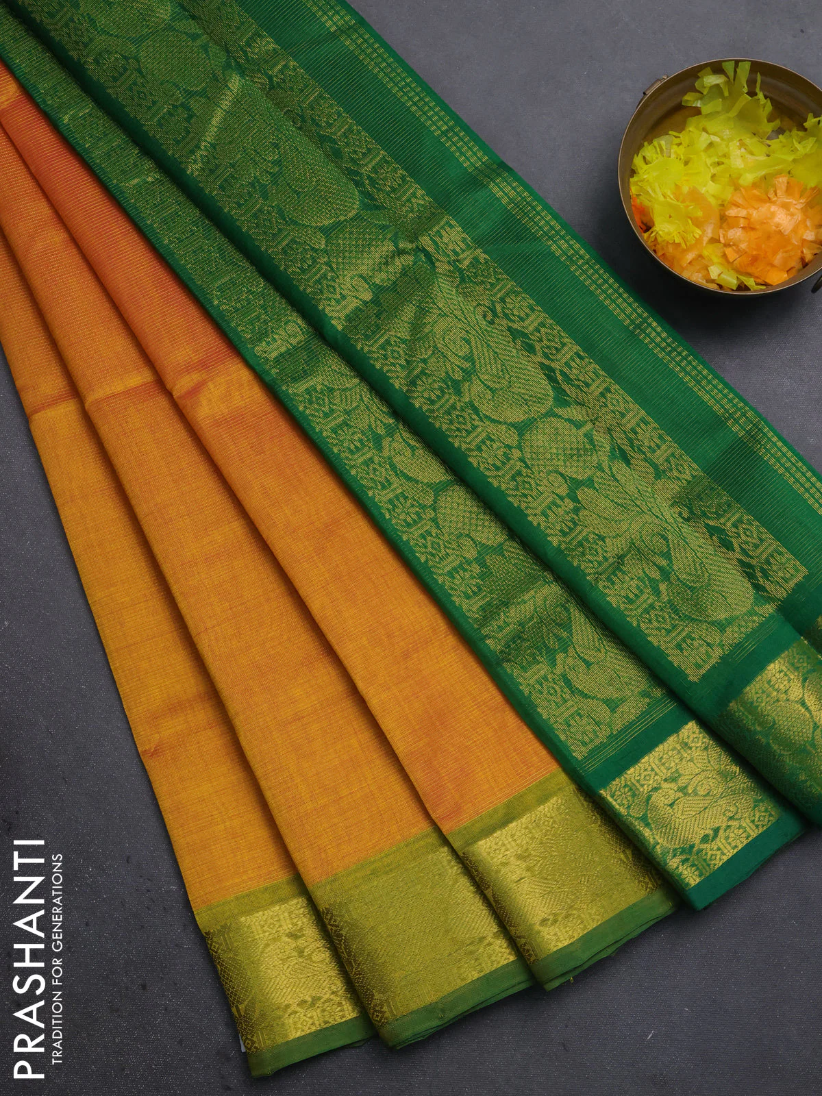 Silk cotton saree dual shade of mango yellow and green with allover vairosi pattern and zari woven border