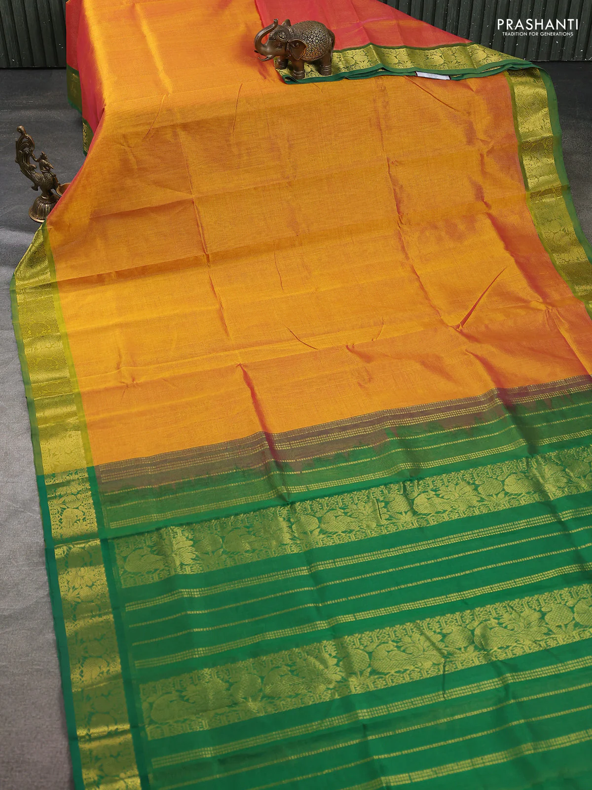 Silk cotton saree dual shade of mango yellow and green with allover vairosi pattern and zari woven border - Image 2