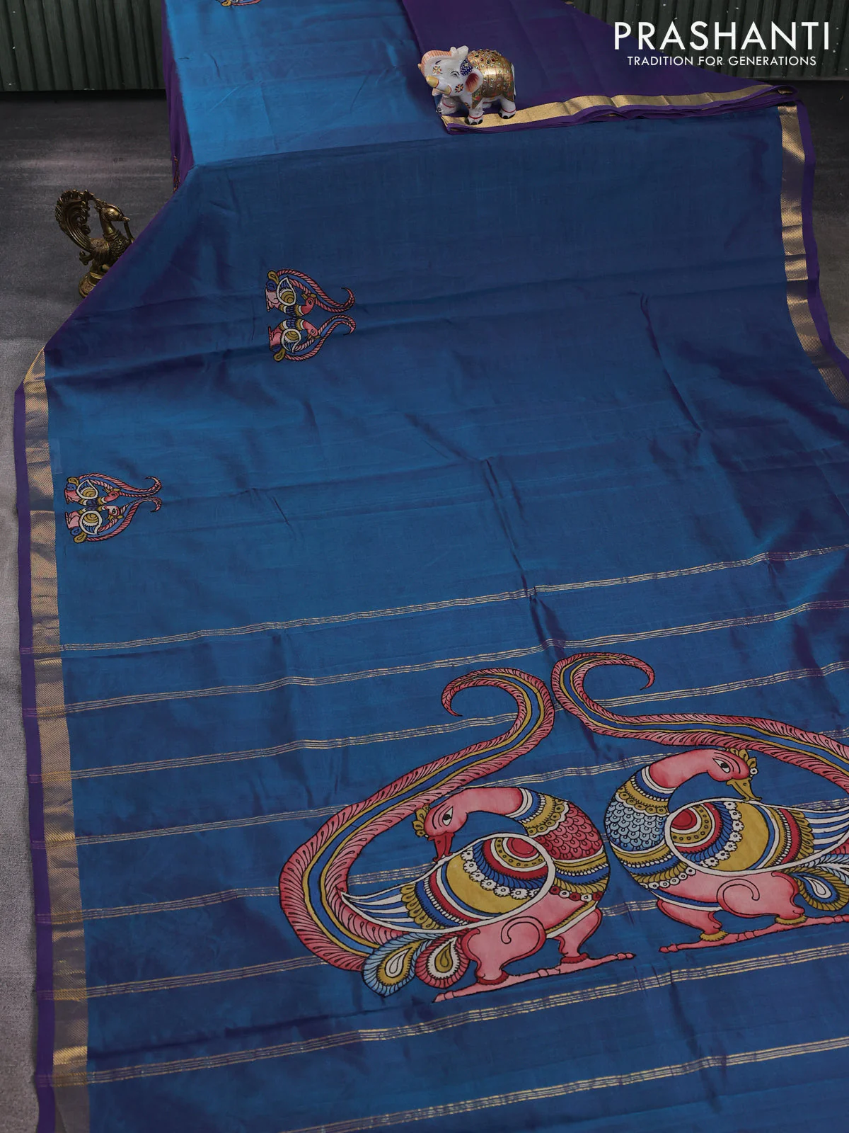 Silk cotton saree dual shade of peacock blue with kalamkari applique work and zari woven border - Image 2