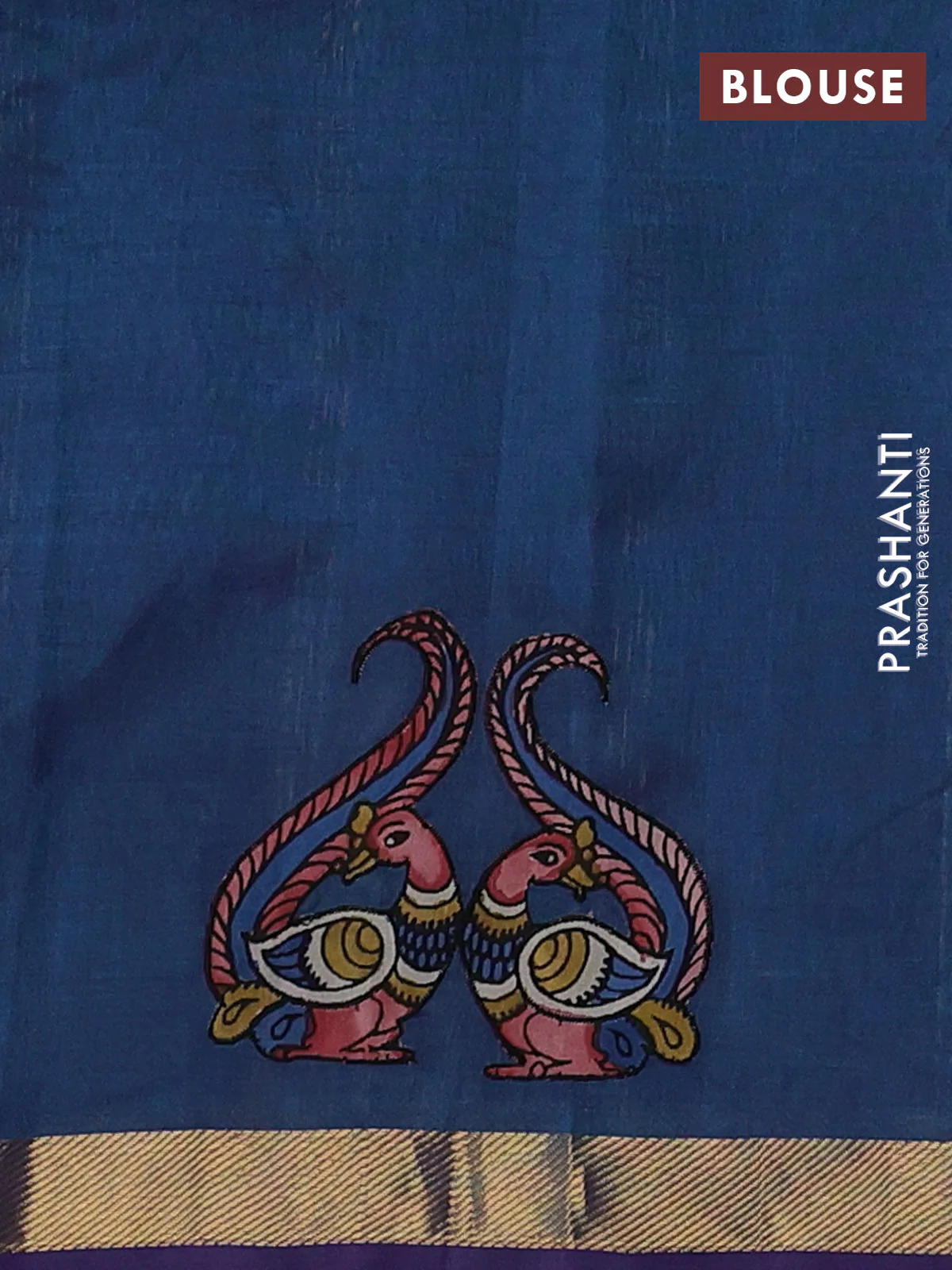 Silk cotton saree dual shade of peacock blue with kalamkari applique work and zari woven border - Image 3