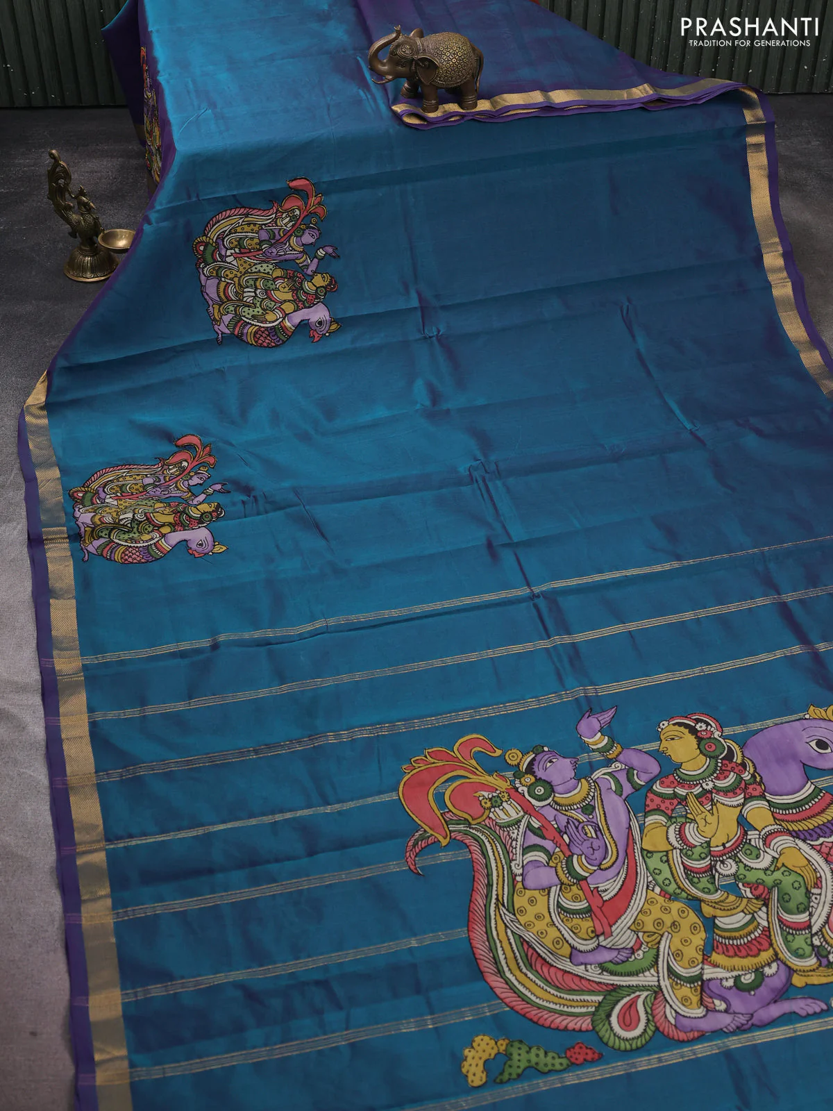 Silk cotton saree dual shade of peacock green with kalamkari applique work and zari woven border - Image 2