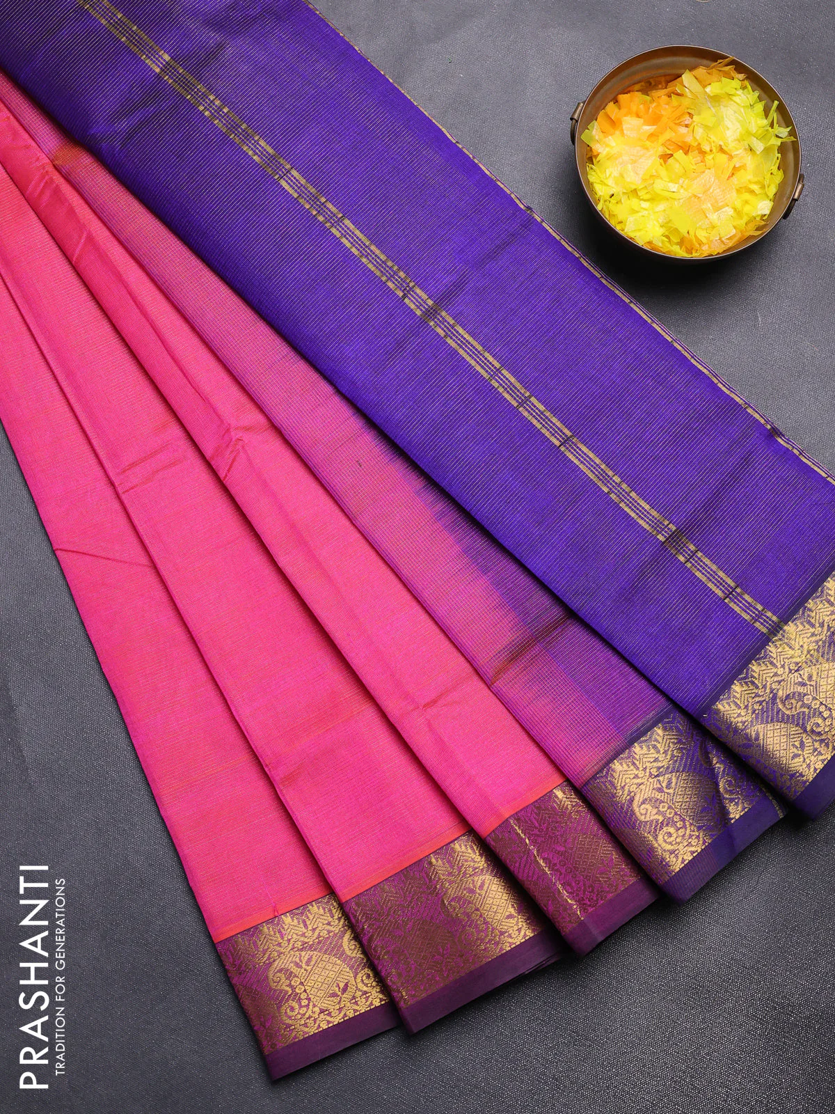 Silk cotton saree dual shade of pinkish orange and blue with allover vairaosi pattern and zari woven border