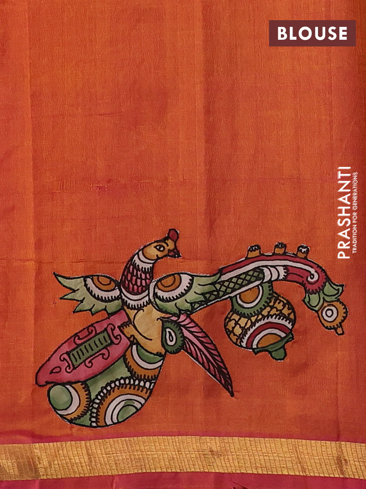 Silk cotton saree dual shade of pinkish orange with kalamkari applique work and zari woven border - Image 3
