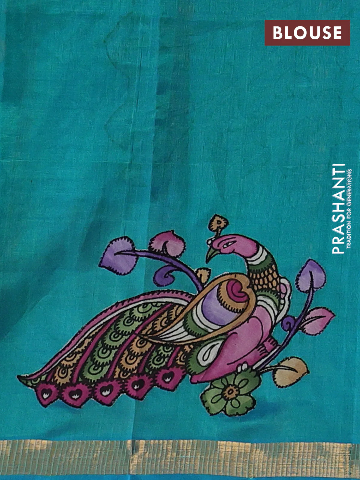 Silk cotton saree dual shade of teal blue with kalamkari applique work and zari woven border - Image 3