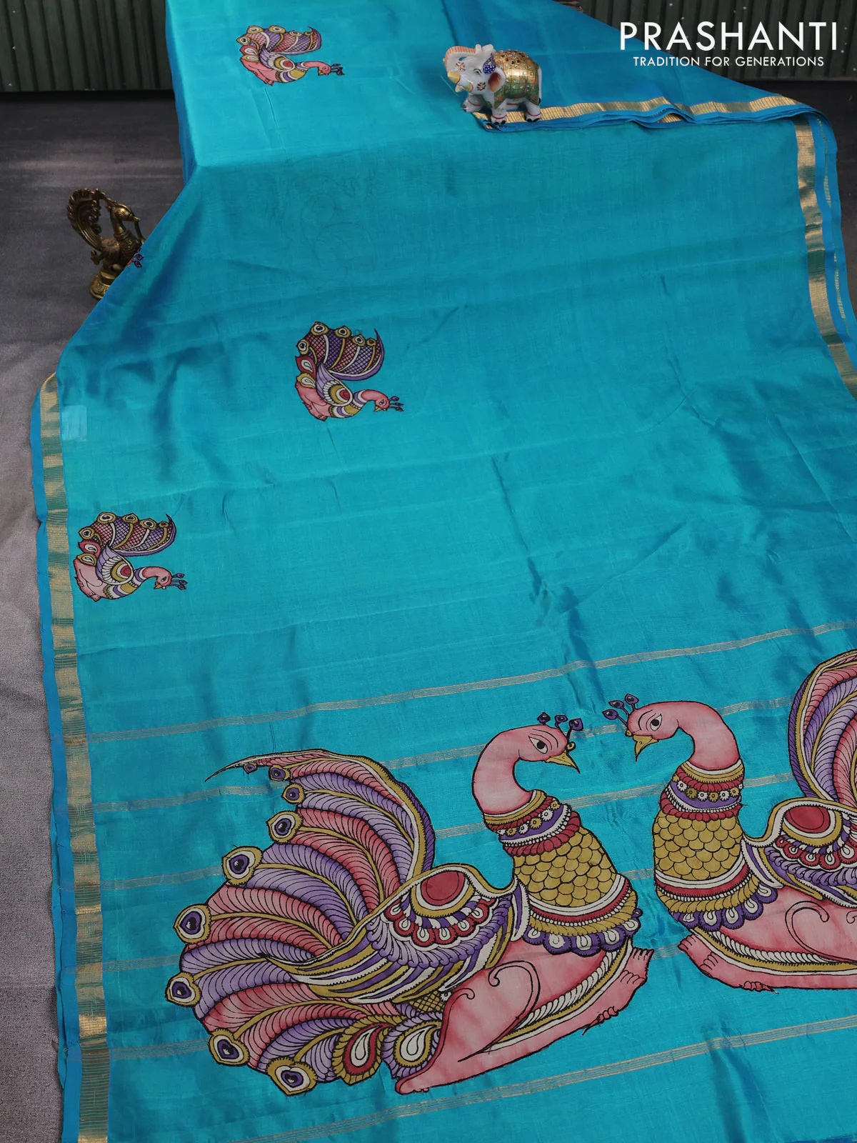 Silk cotton saree dual shade of teal blue with kalamkari applique work and zari woven border - Image 2