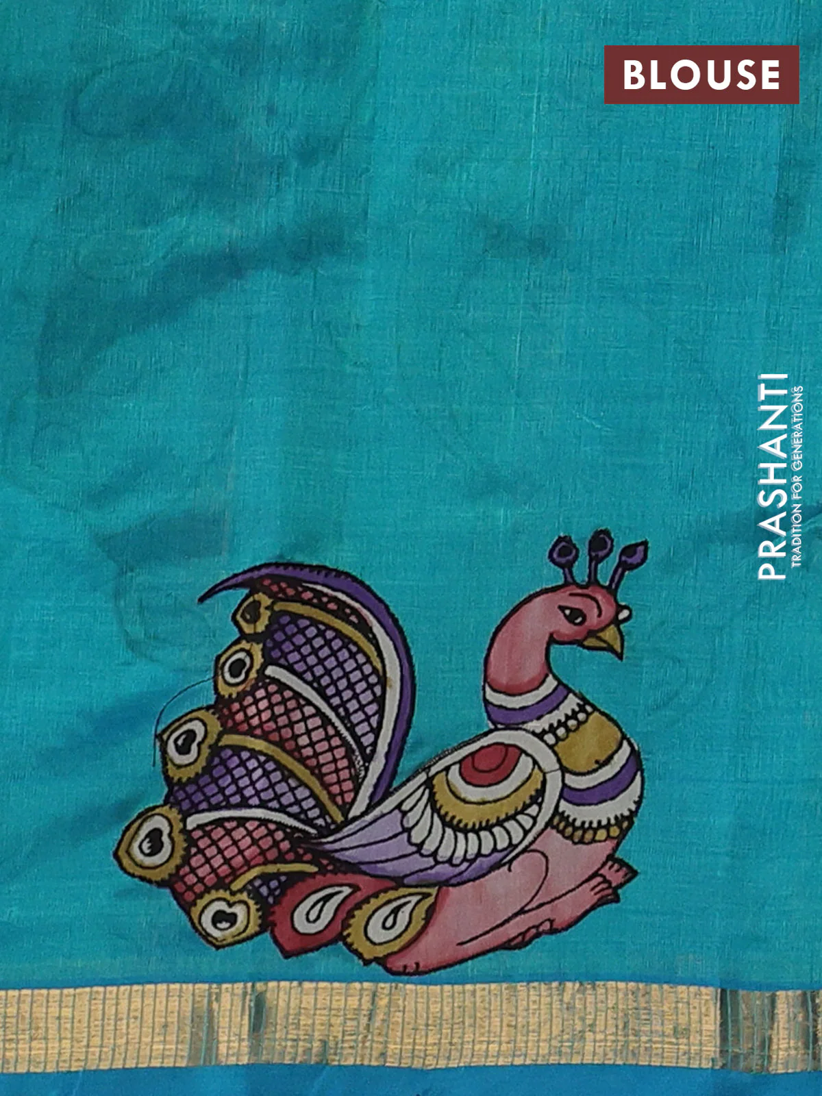 Silk cotton saree dual shade of teal blue with kalamkari applique work and zari woven border - Image 3
