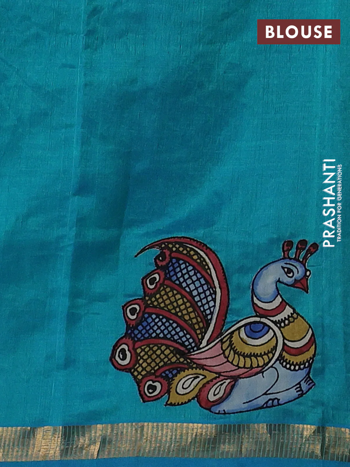 Silk cotton saree dual shade of teal blue with kalamkari applique work and zari woven border - Image 3