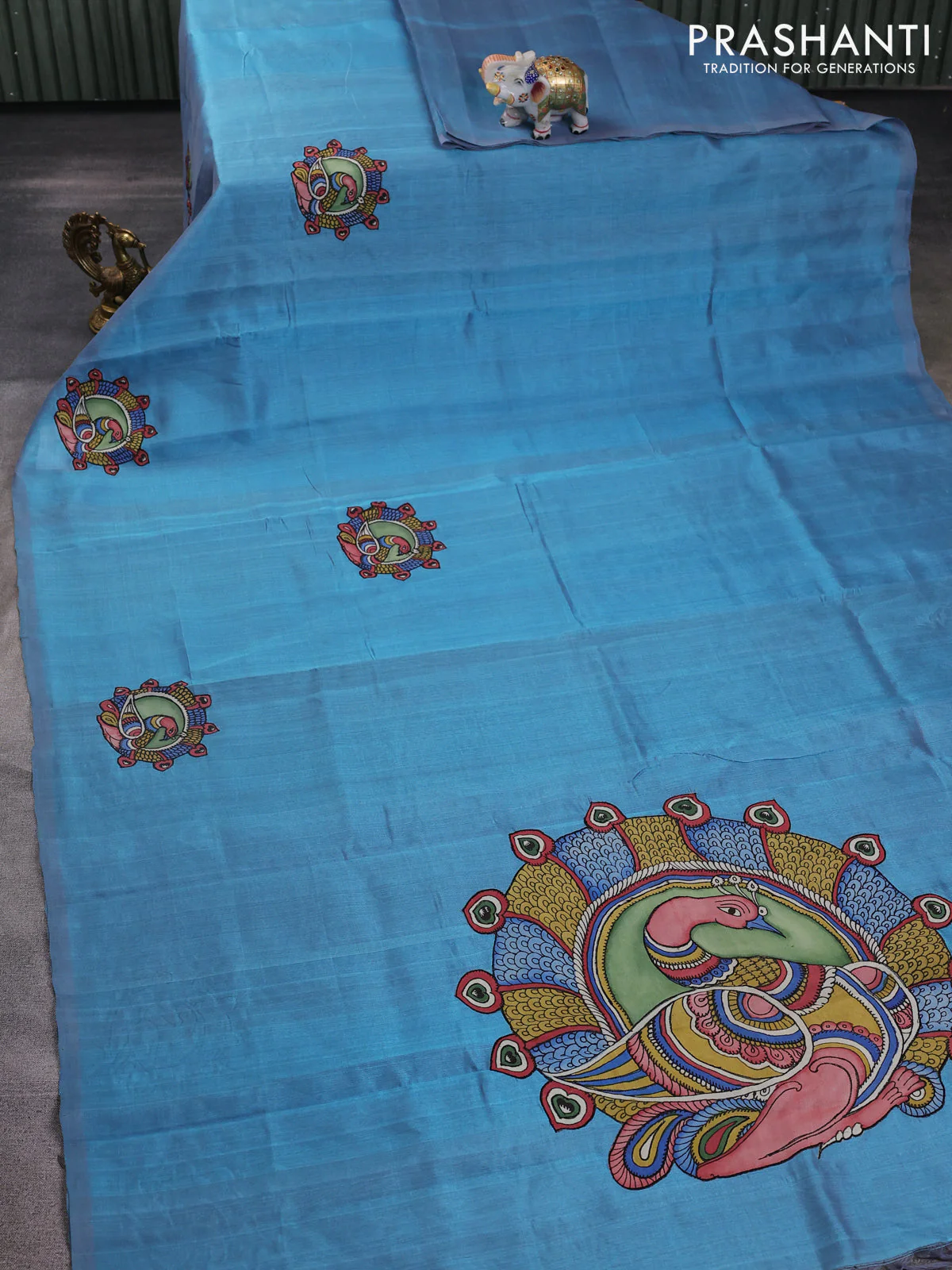 Silk cotton saree dual shade of teal blue with kalamkari applique work in borderless style - Image 2