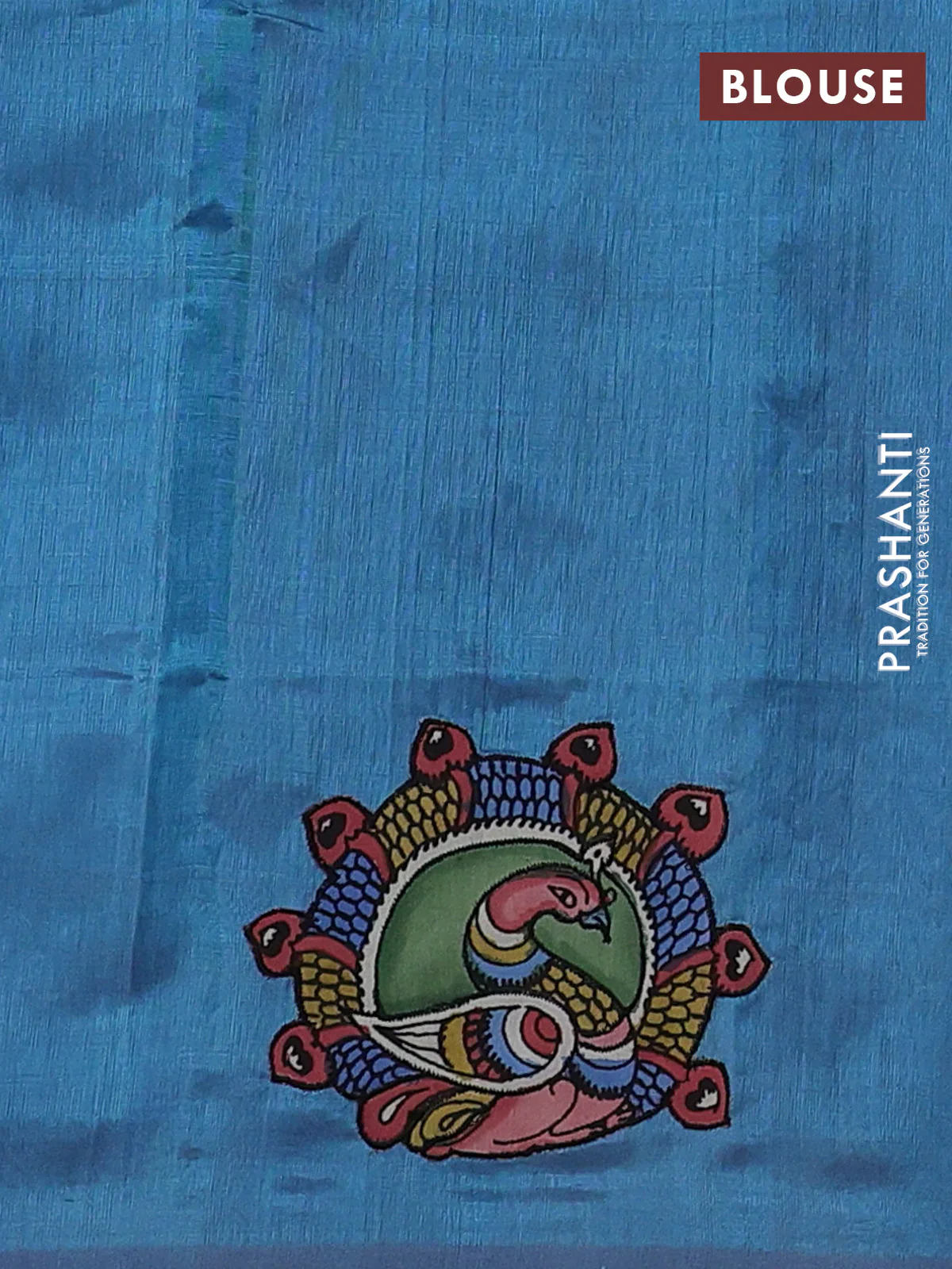 Silk cotton saree dual shade of teal blue with kalamkari applique work in borderless style - Image 3