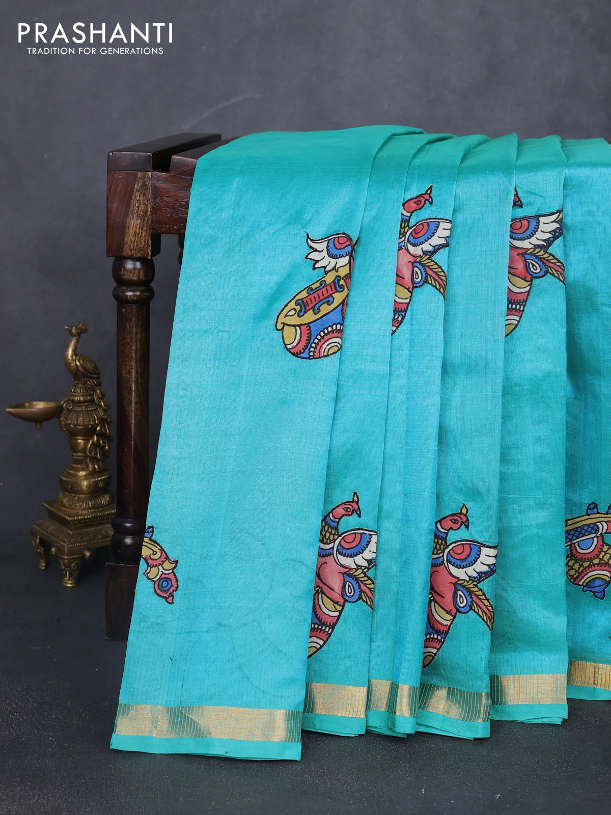 Silk cotton saree dual shade of teal green with kalamkari applique work and zari woven border