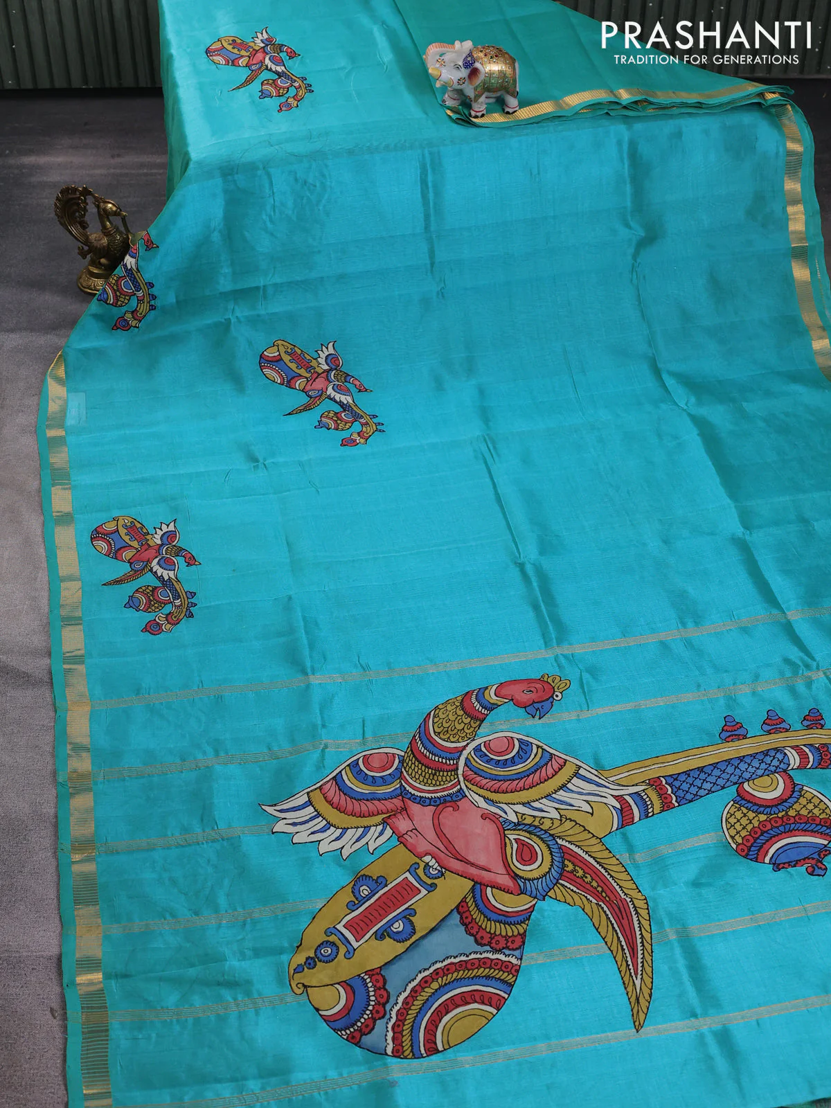 Silk cotton saree dual shade of teal green with kalamkari applique work and zari woven border - Image 2