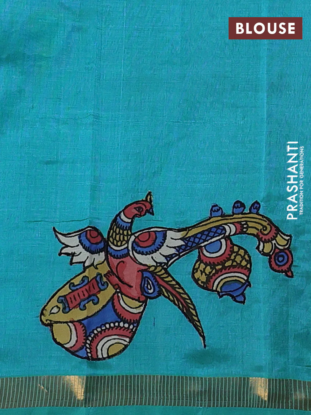 Silk cotton saree dual shade of teal green with kalamkari applique work and zari woven border - Image 3