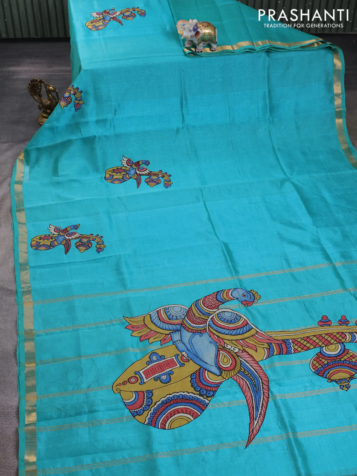 Silk cotton saree dual shade of teal green with kalamkari applique work and zari woven border - Image 2