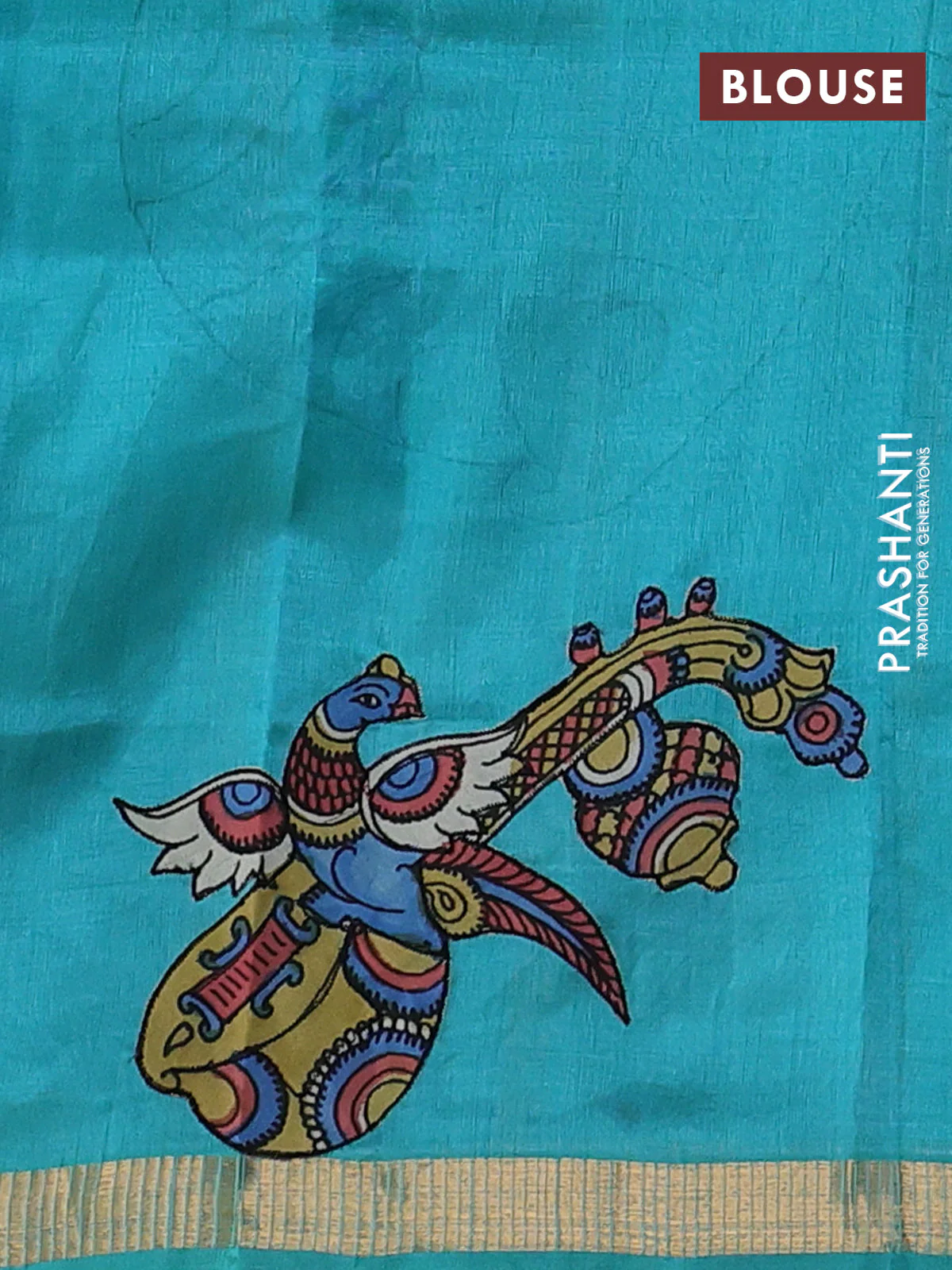Silk cotton saree dual shade of teal green with kalamkari applique work and zari woven border - Image 3